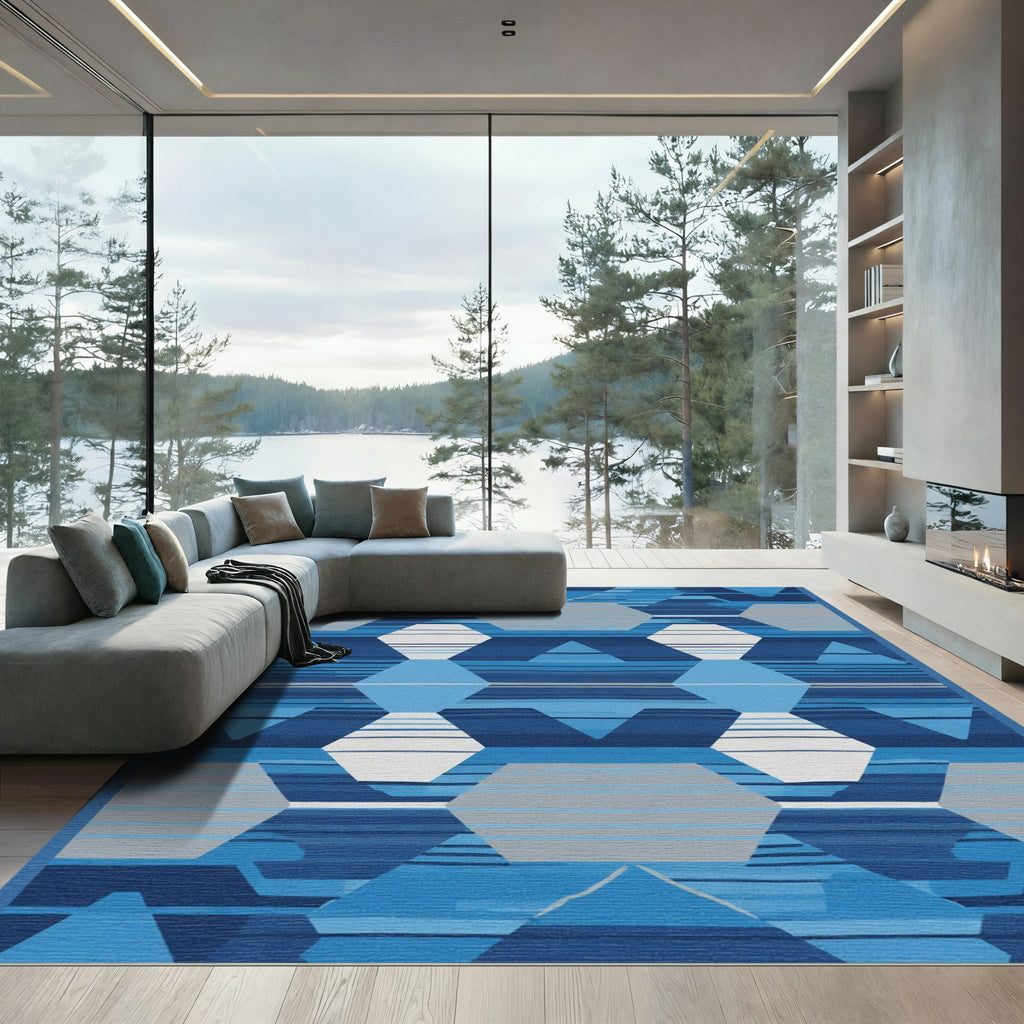 Blue Geometric Contemporary Hexagon Rug
