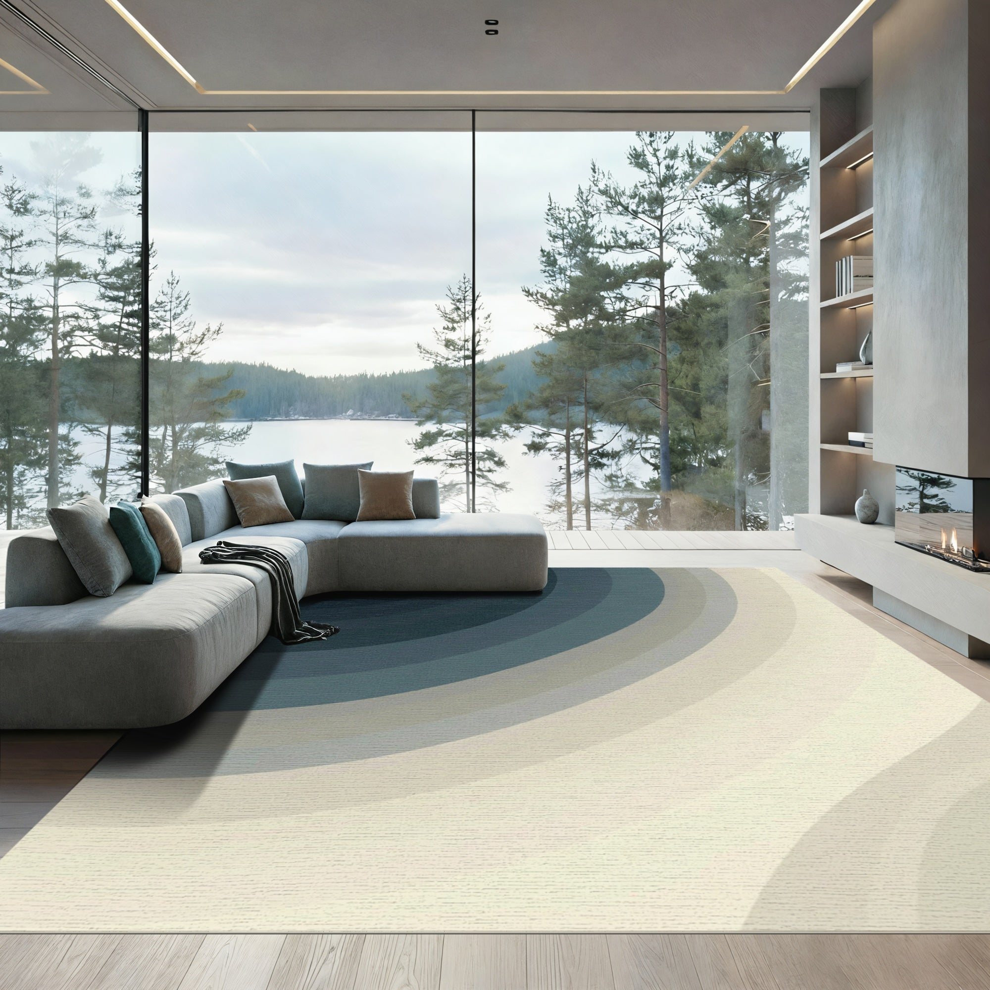 Deep Blue Gradation Concentric Rings Rug