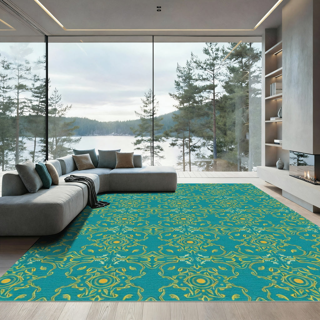 Turquoise Yellow Medallion Ornament Rug