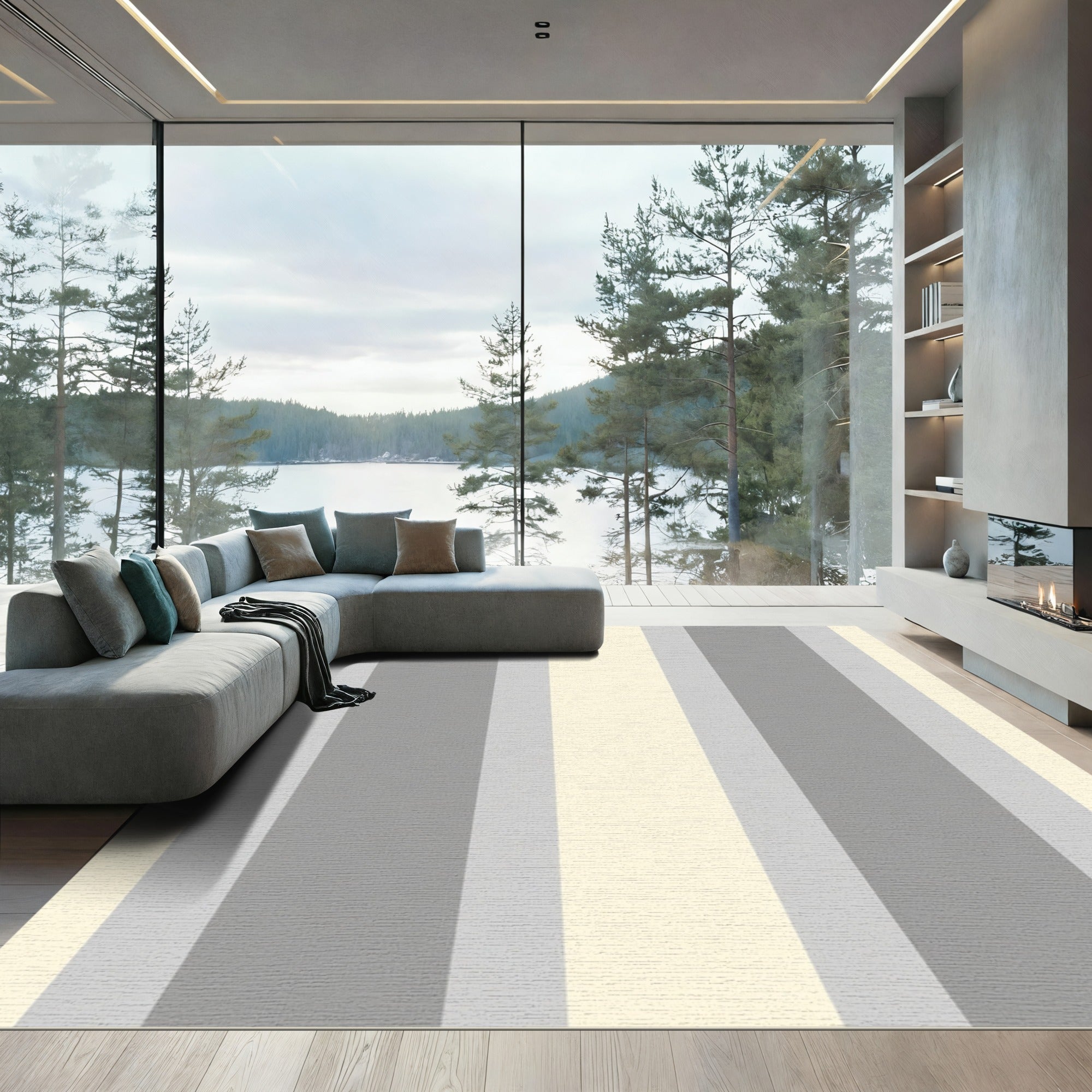 Soft Gray Cream Vertical Stripe Rug