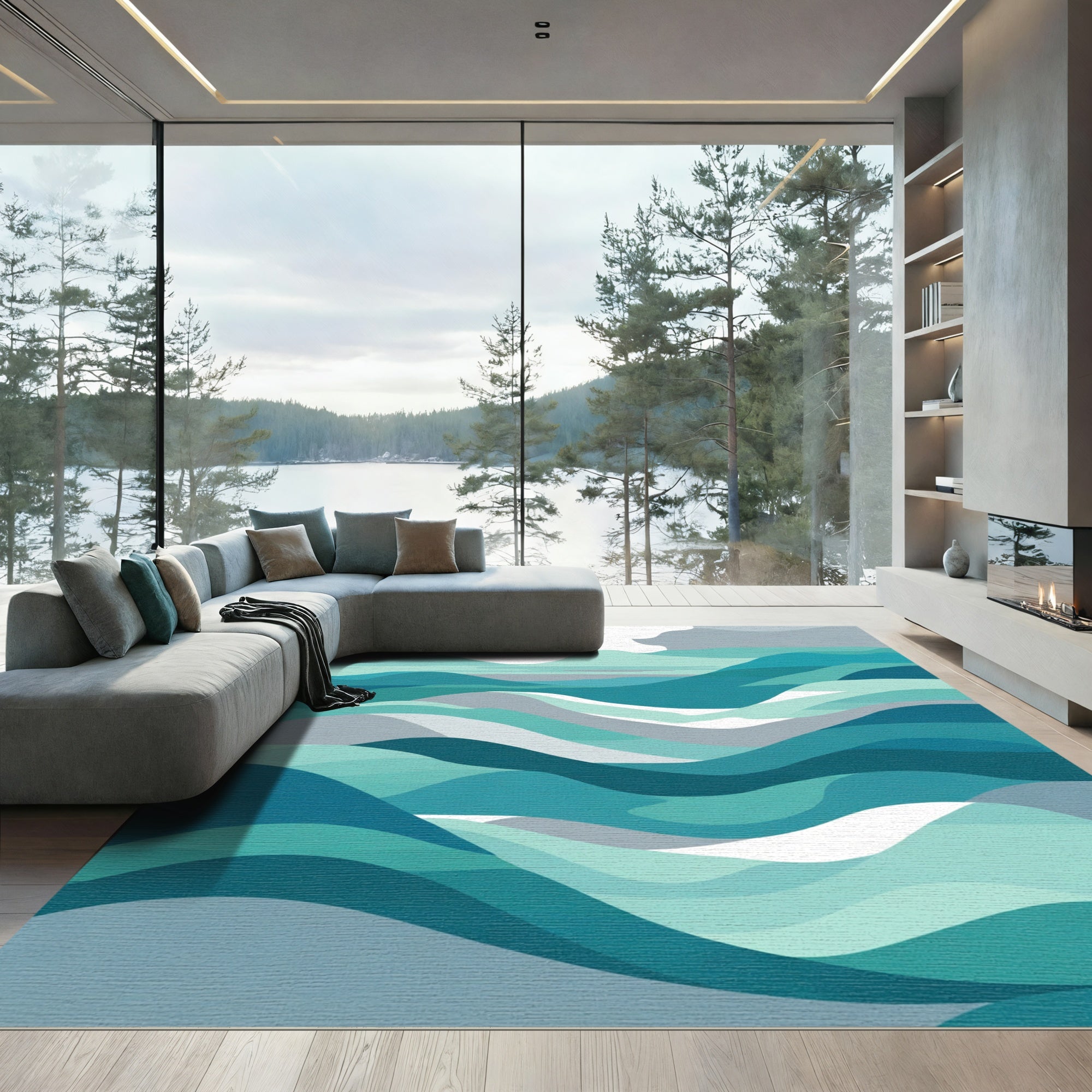 Oceanic Teal Abstract Wave Rug