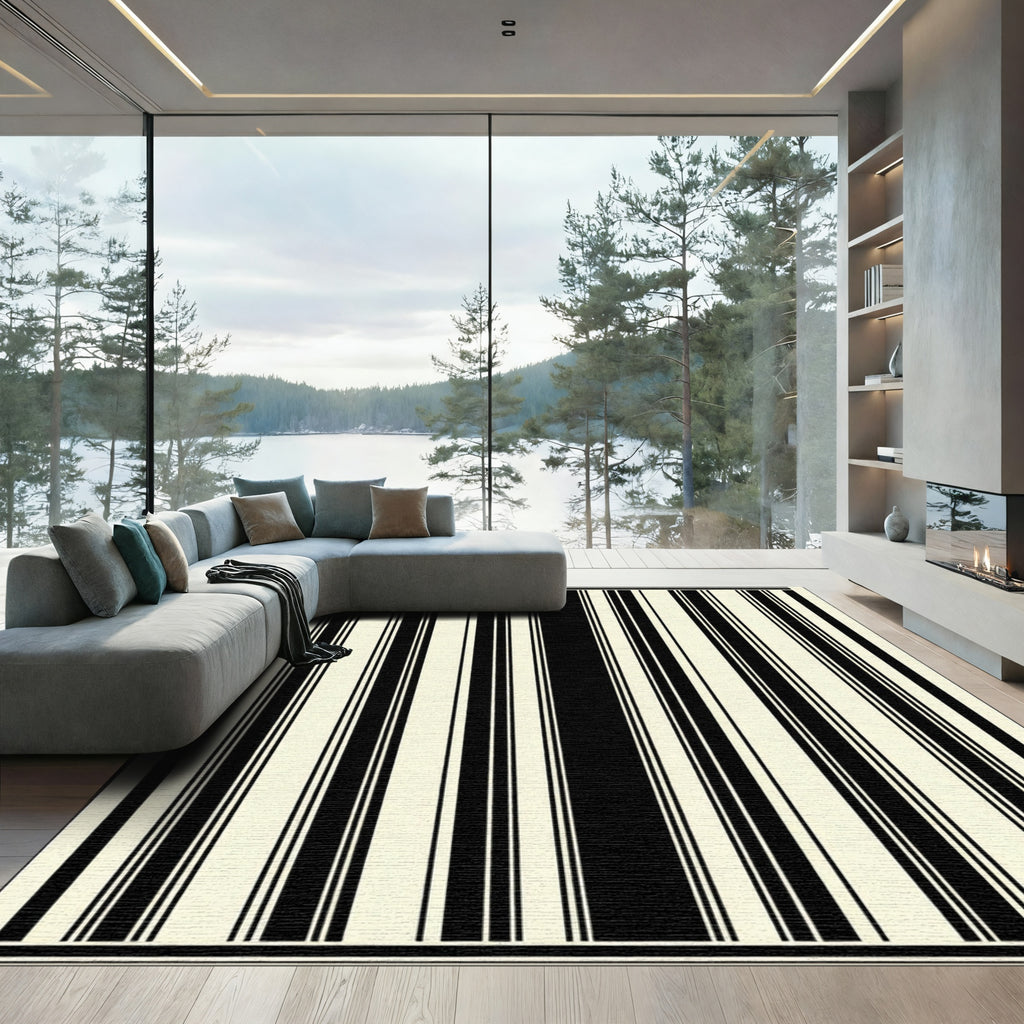 Cream Black Vertical Stripe Rug