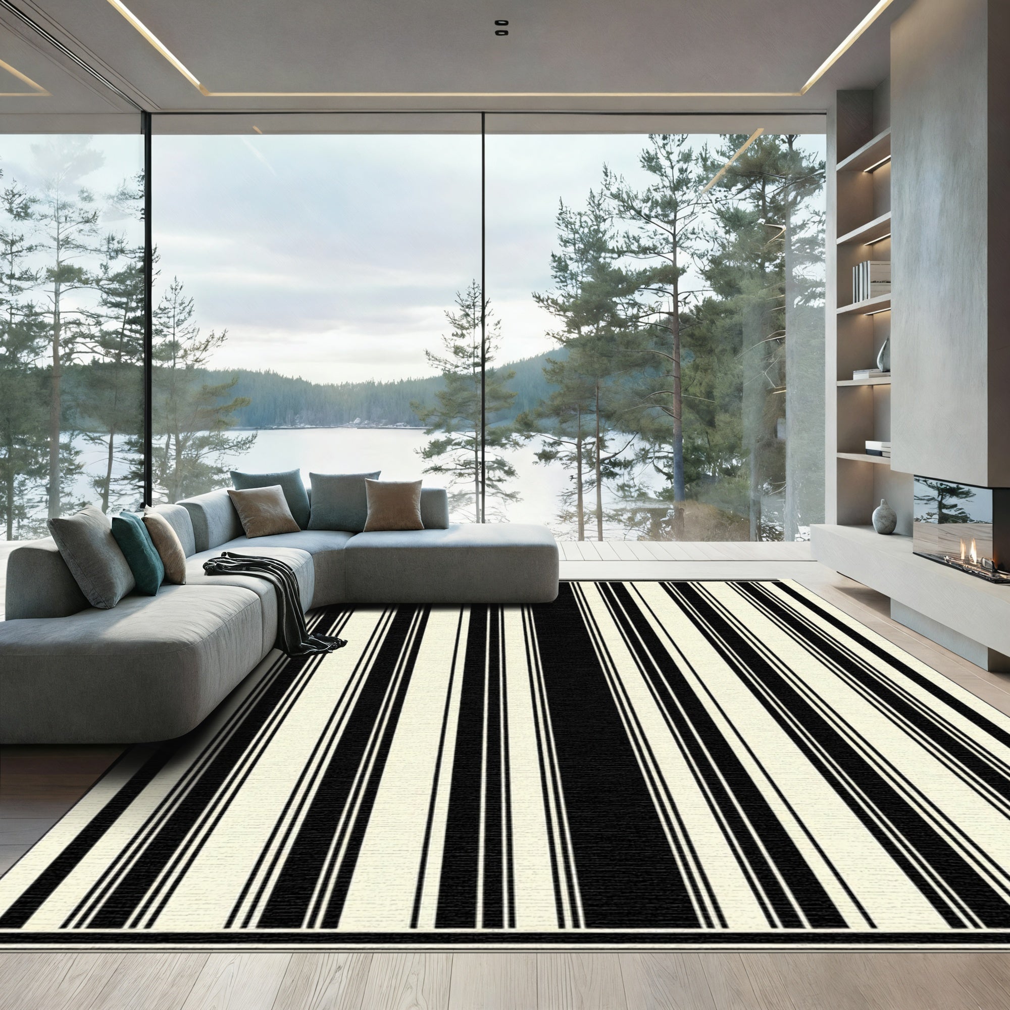 Cream Black Vertical Stripe Rug