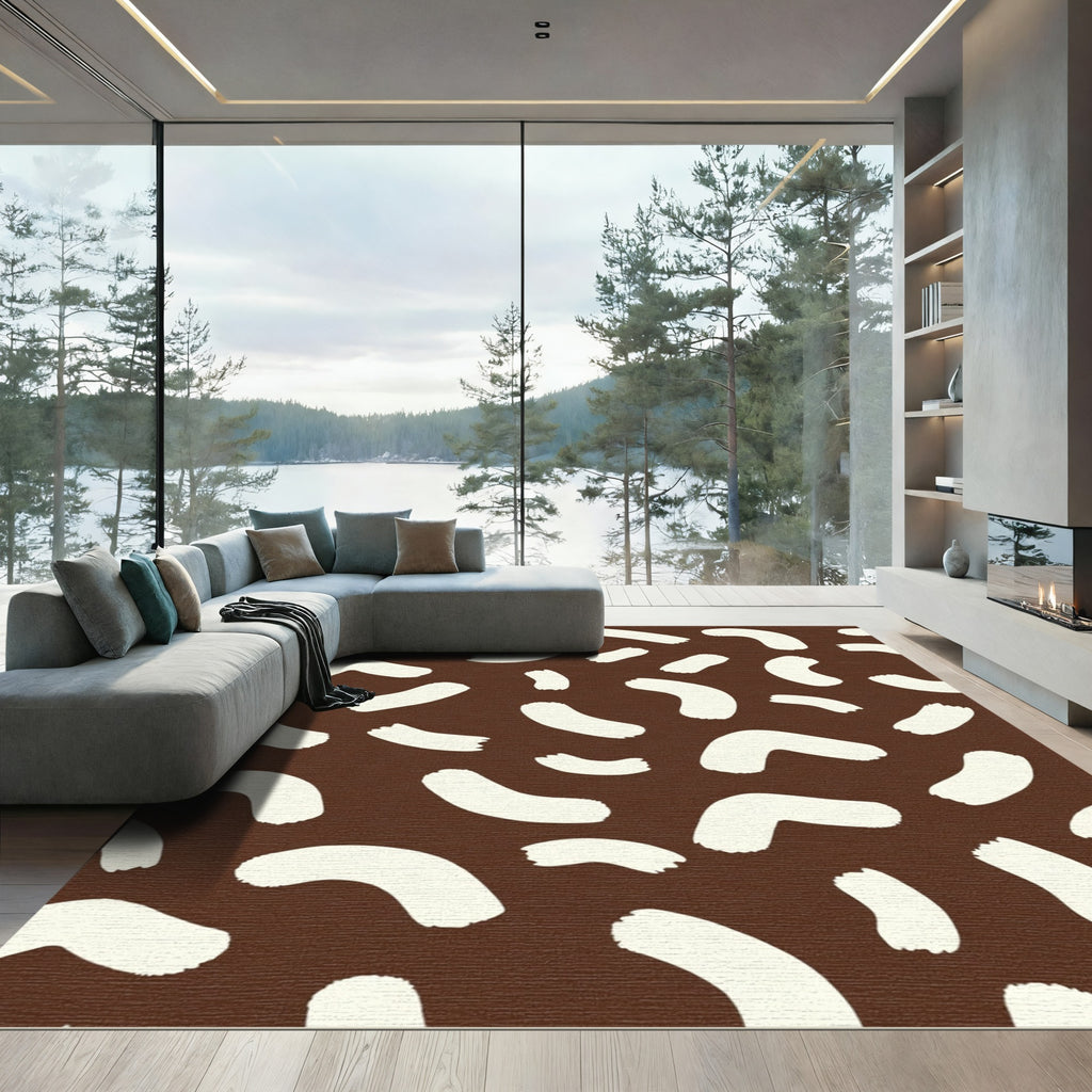 Brown White Abstract Brushstroke Rug