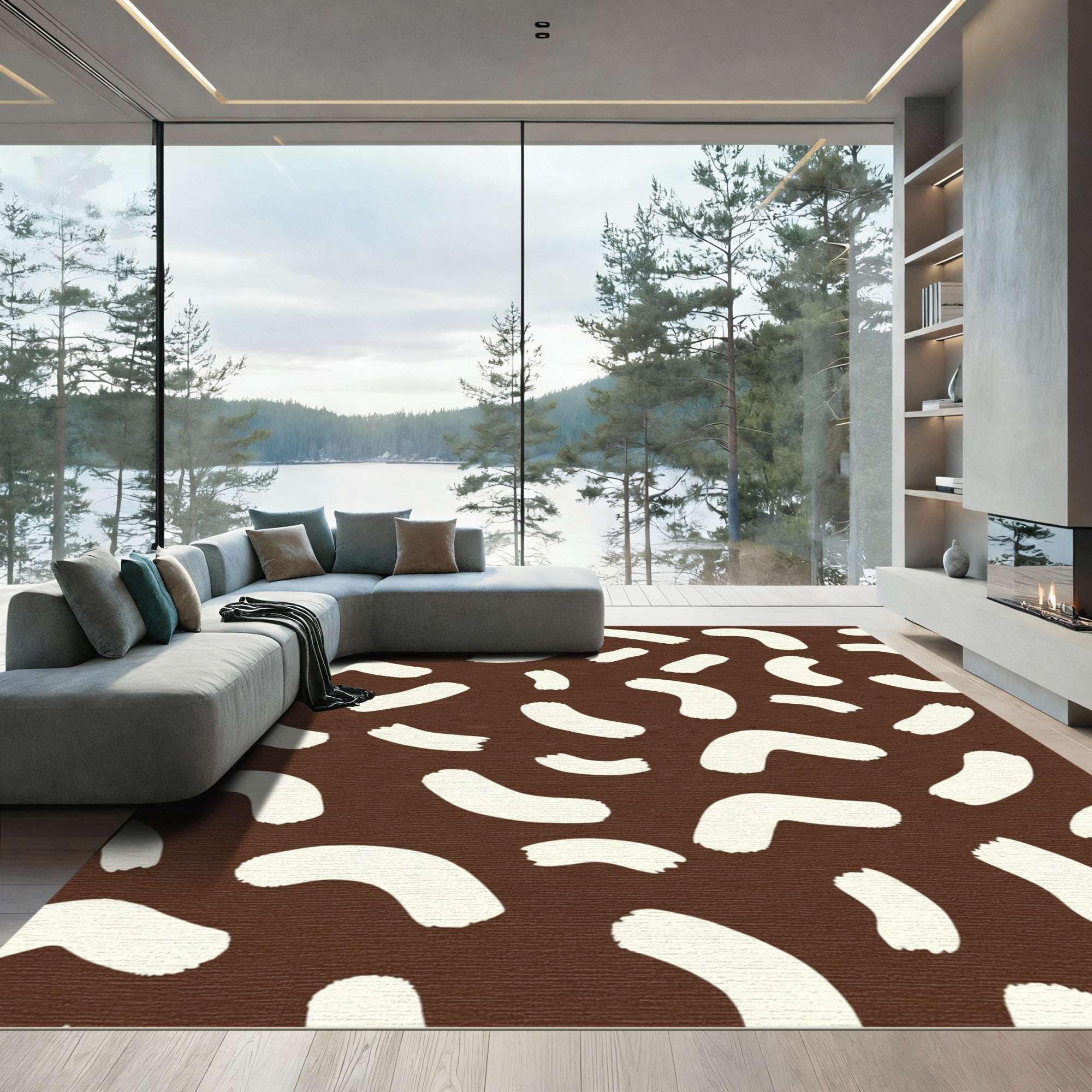 Brown White Abstract Brushstroke Rug