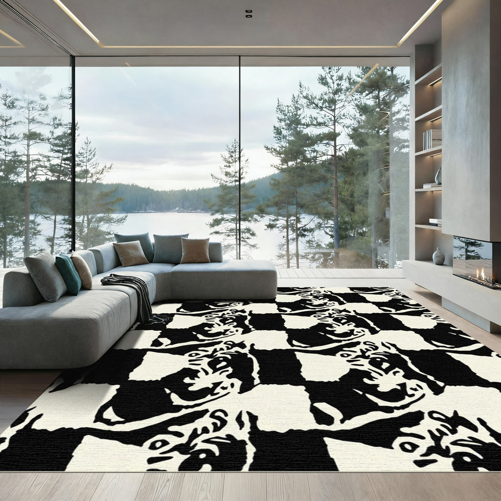 Monochromatic Abstract Checkerboard Face Rug