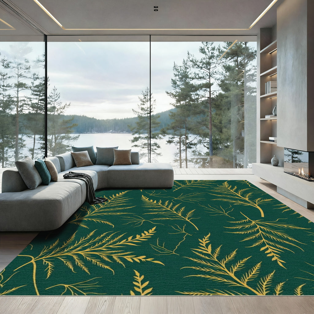 Deep Green Fern Branch Outline Rug