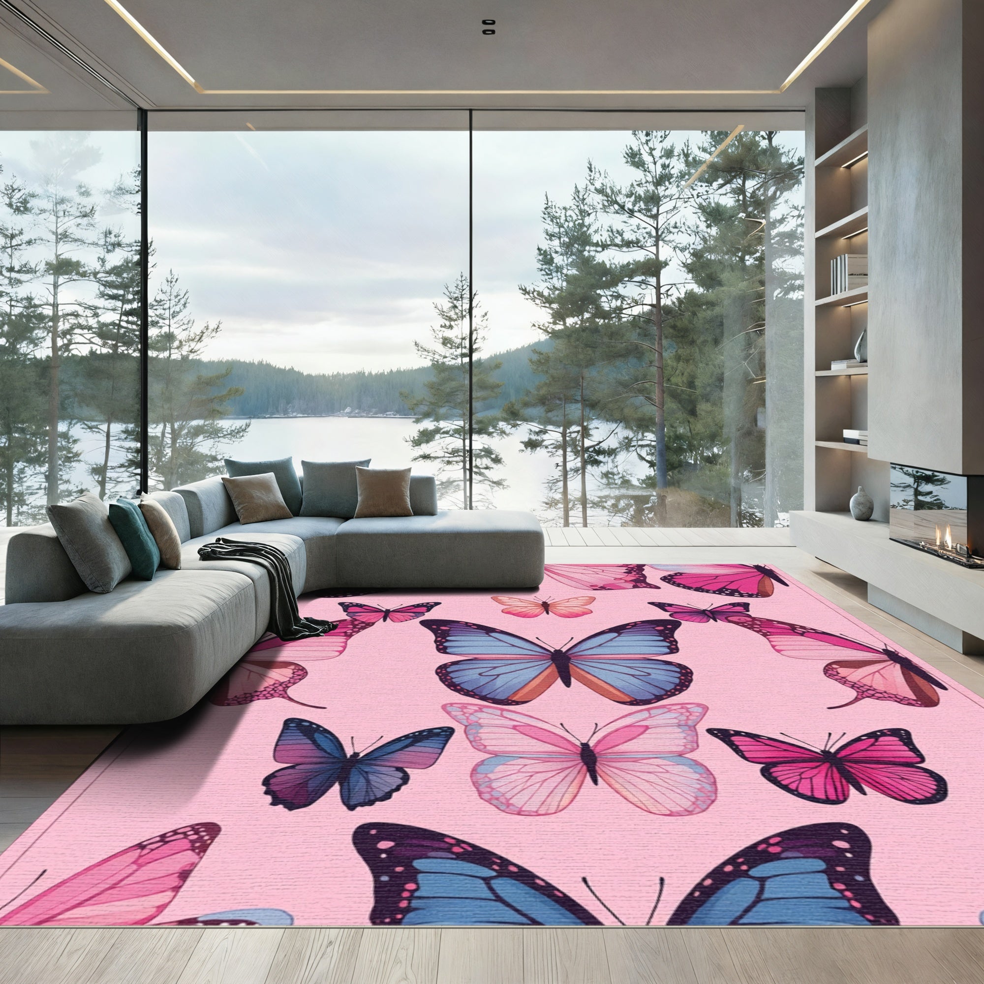Pink Blue Butterfly Collage Rug
