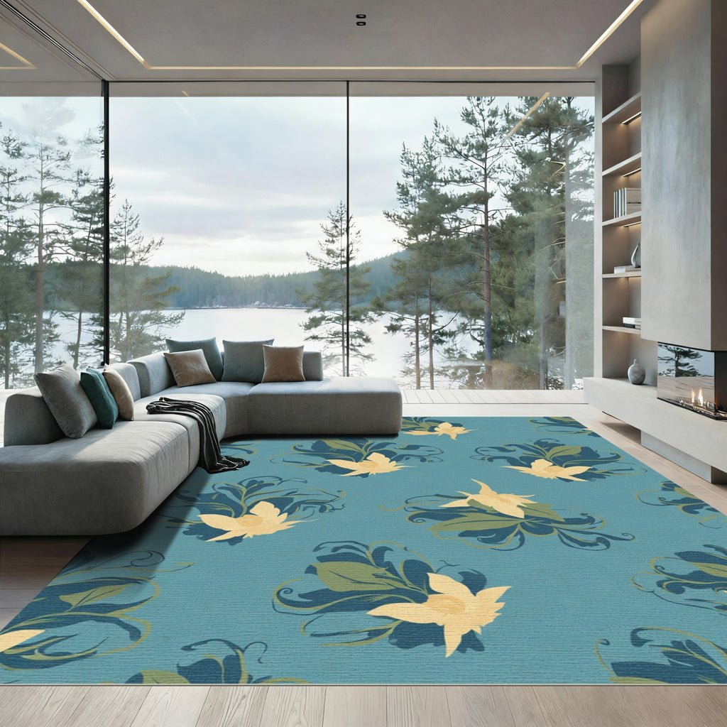 Teal Yellow Floral Swirl Accents Rug