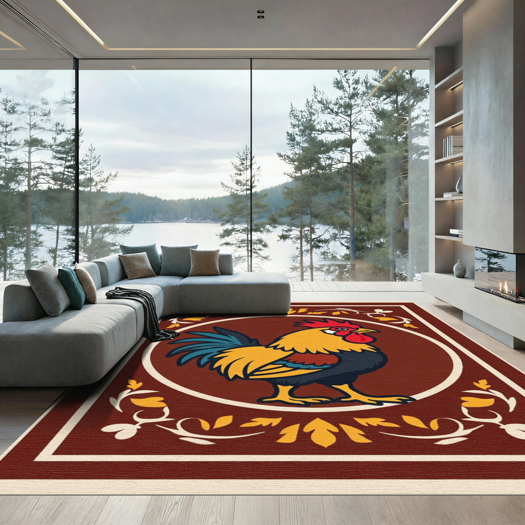 Bright Rooster Red Yellow Teal Border Rug