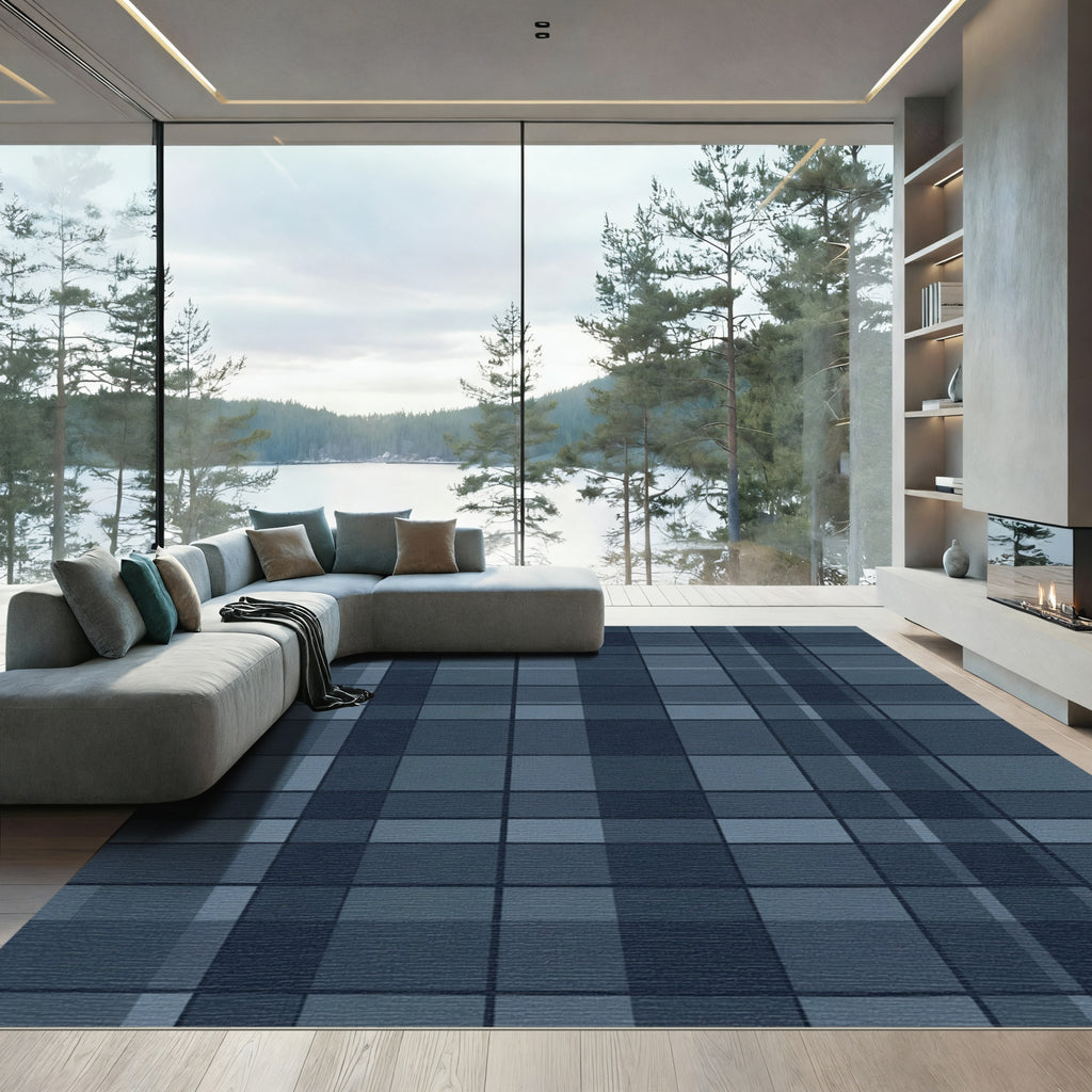 Navy Blue Subtle Plaid Grid Rug