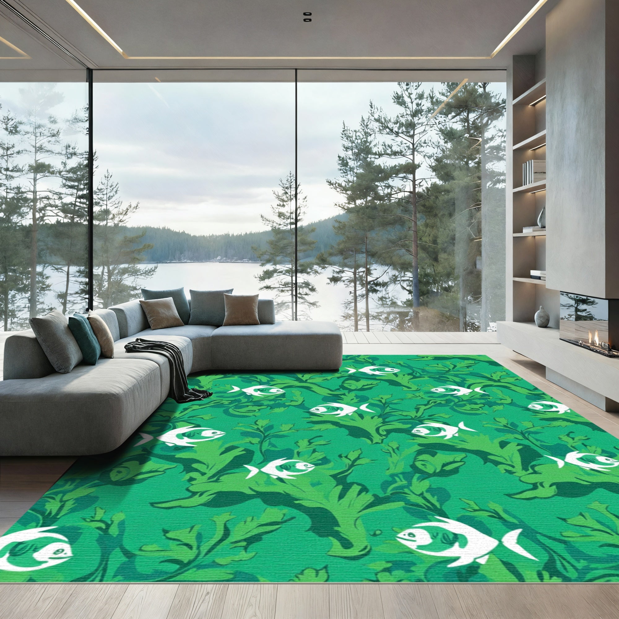 White Fish In Lush Green Seaweed Rug