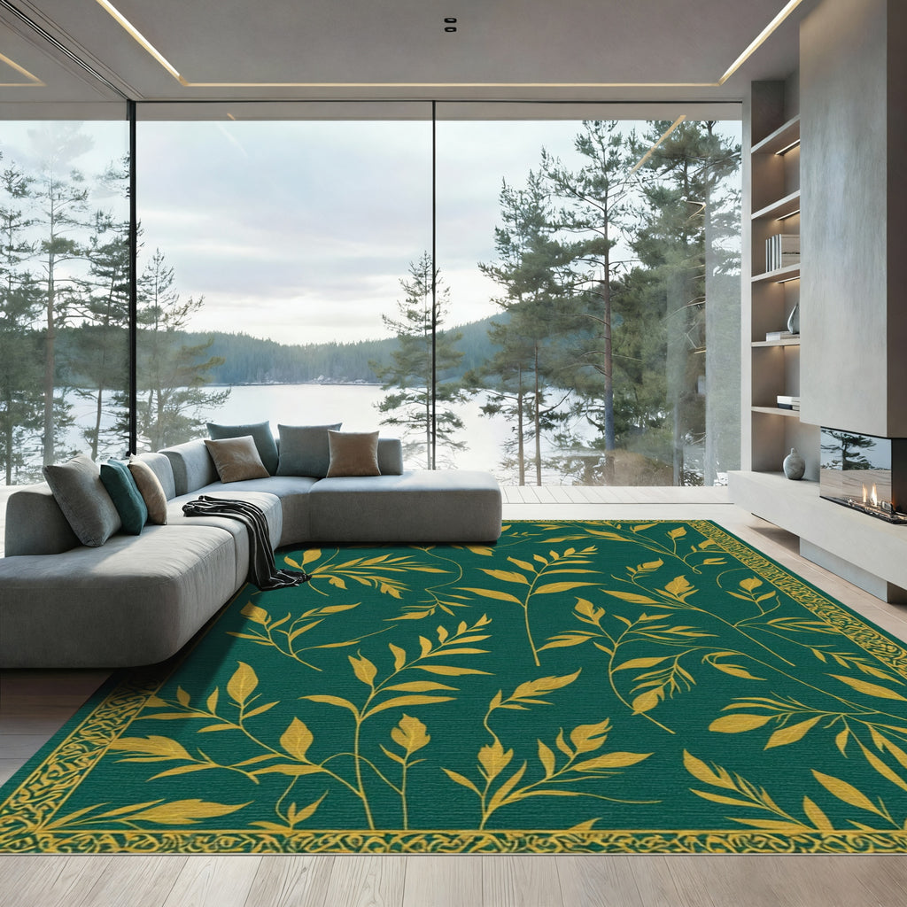 Deep Emerald Gold Leaf Branches Rug