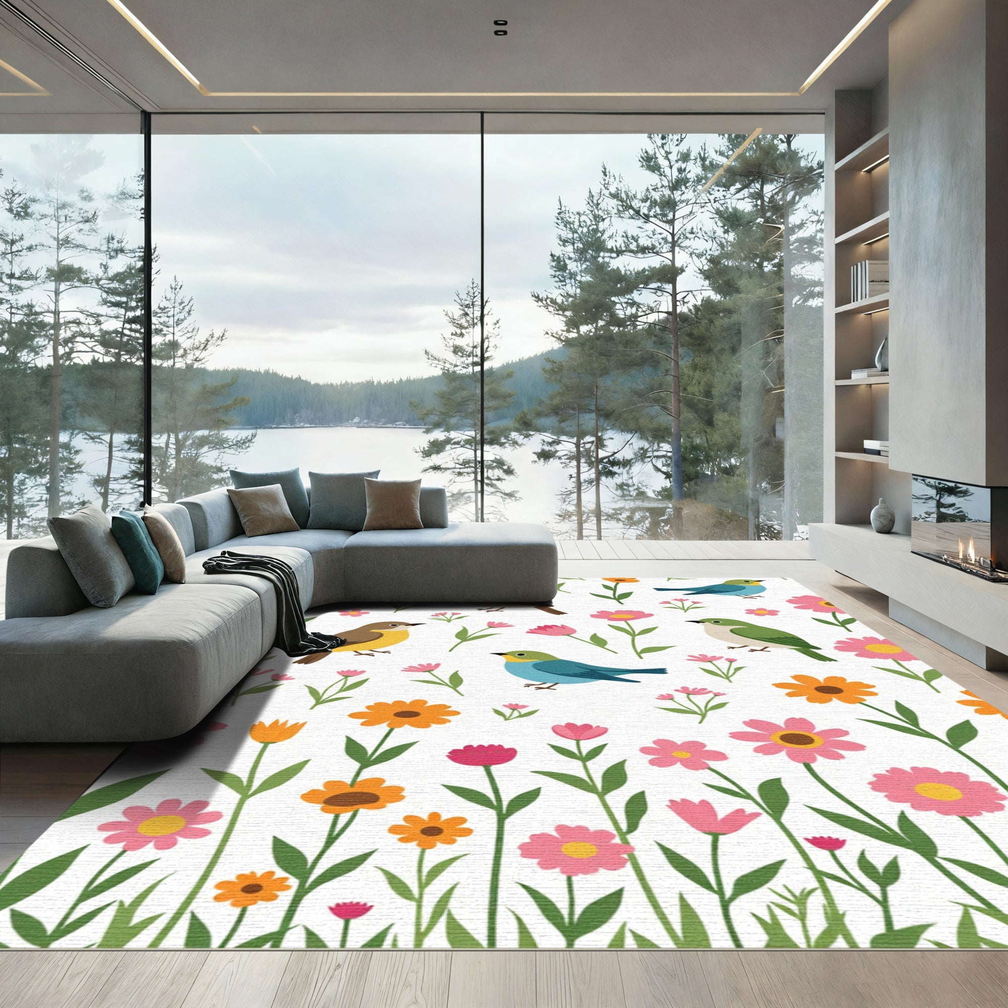Enchanting Birds Colorful Meadow Bloom Rug