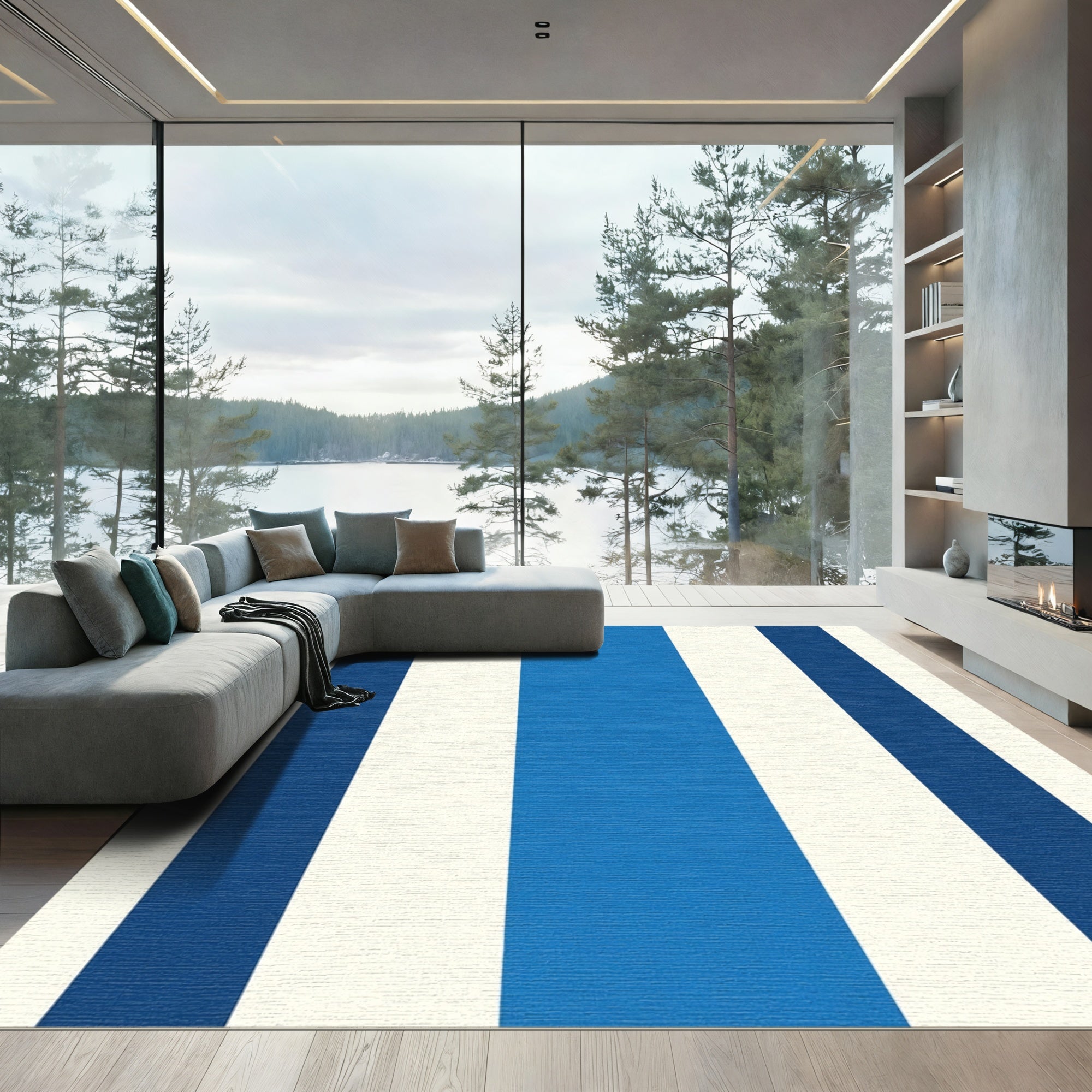 Bold Blue Cream Vertical Stripes Rug