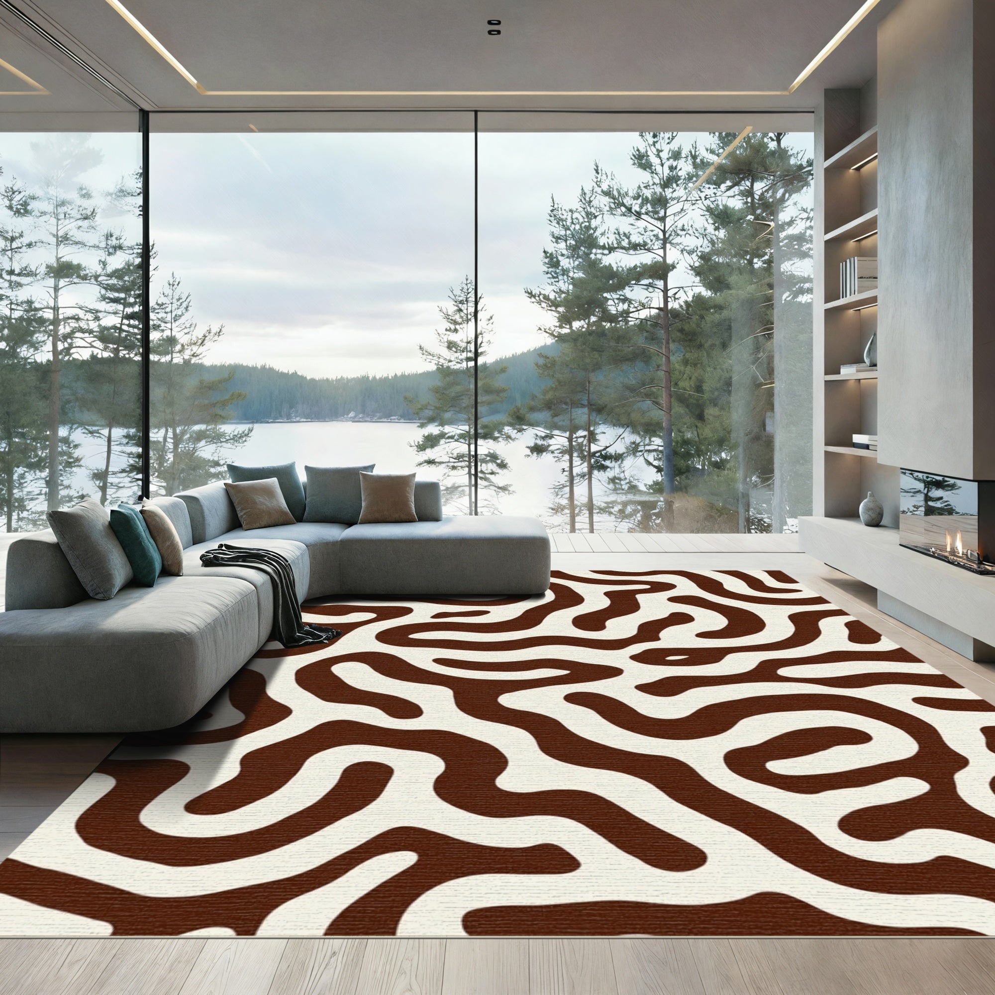 Brown White Organic Swirls Rug
