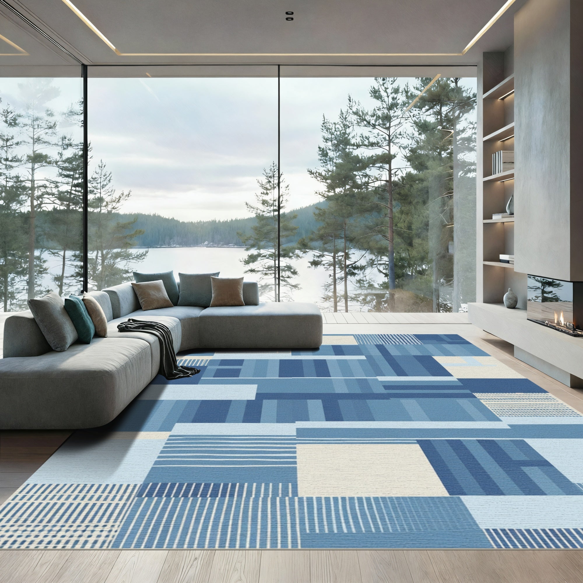 Cool Blue Patchwork Rectangles Rug