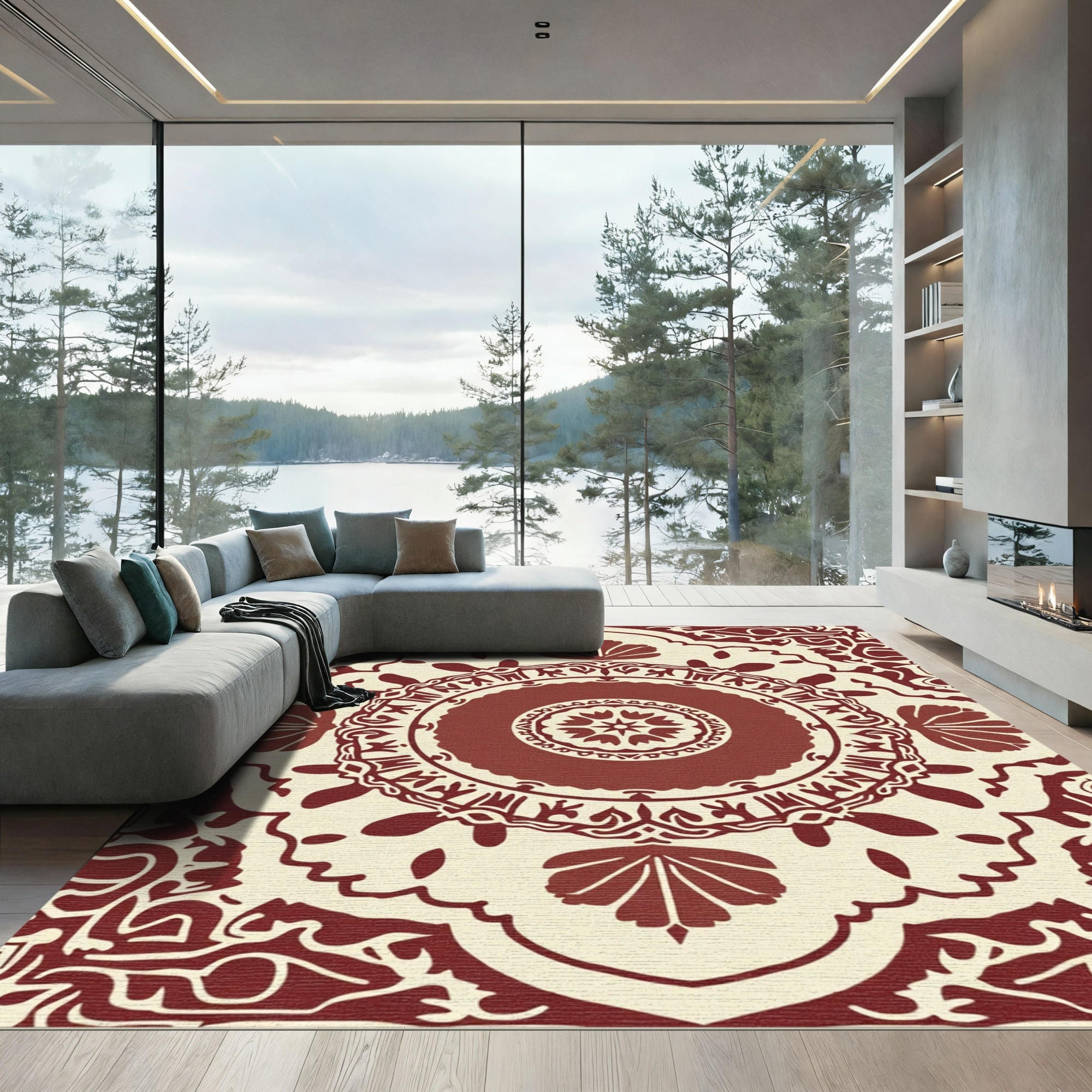 Crimson Medallion Floral Mandala Rug