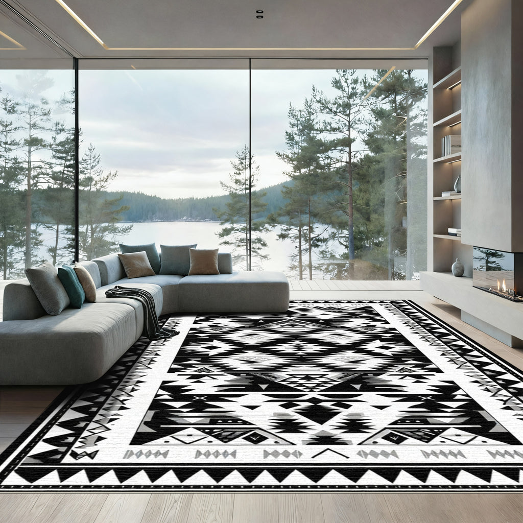 Monochrome Geometric Native American Inspired Rug
