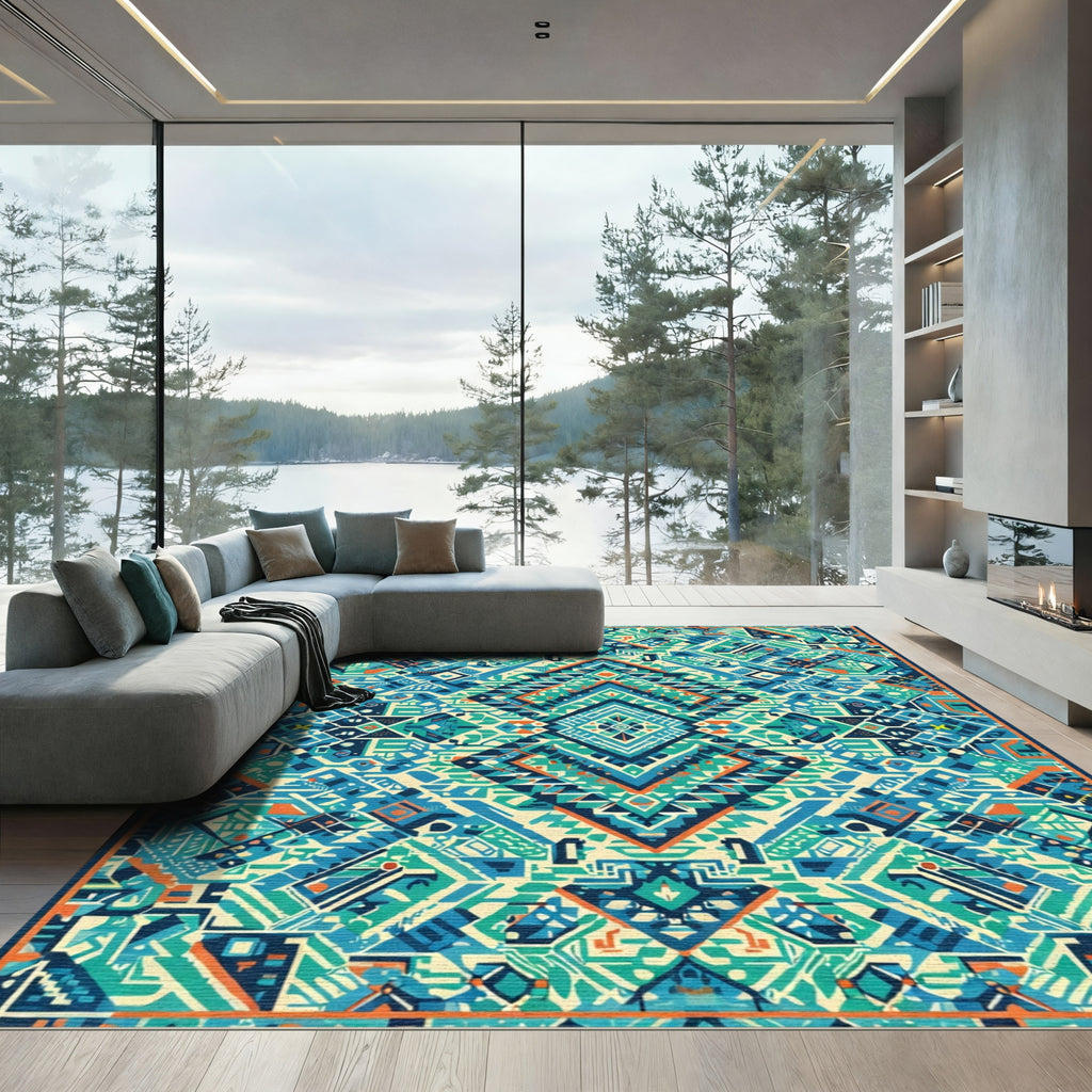 Geometric Teal Orange Diamond Weave Rug