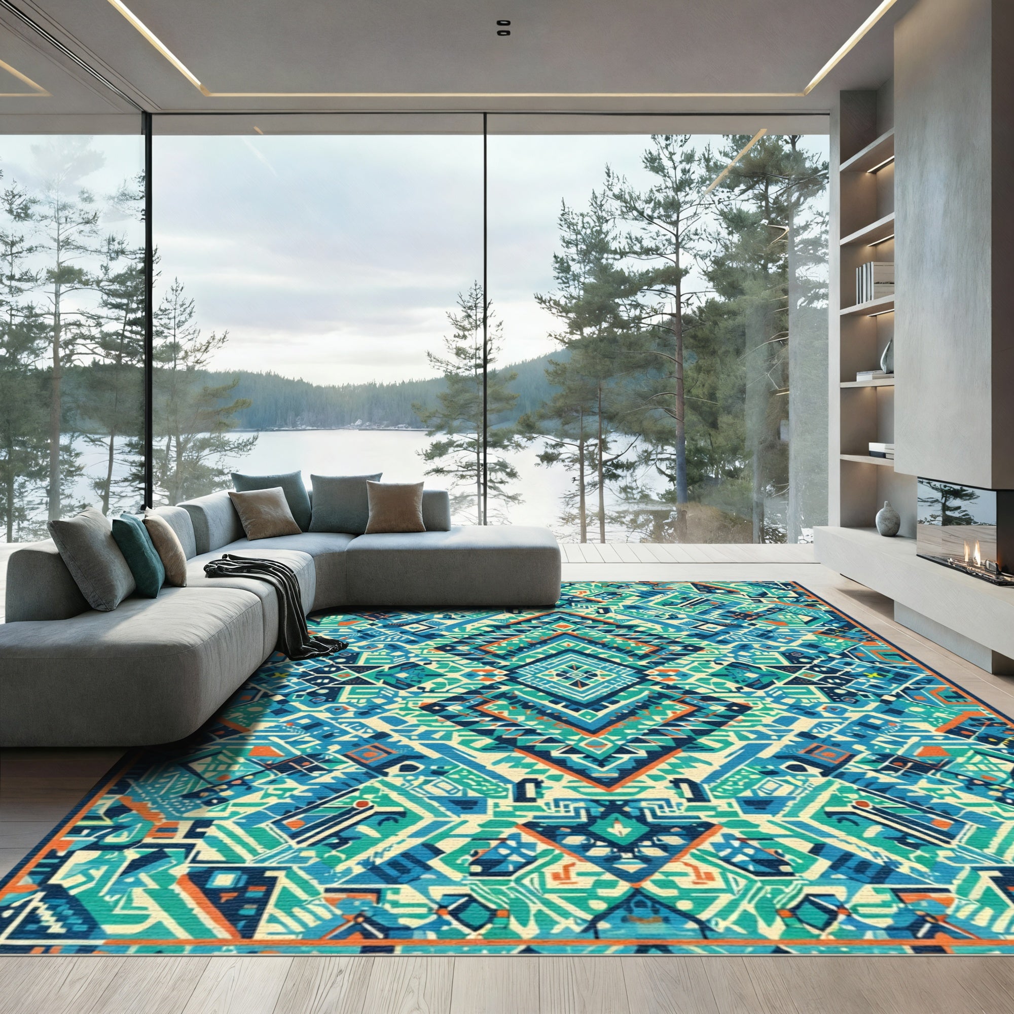 Geometric Teal Orange Diamond Weave Rug