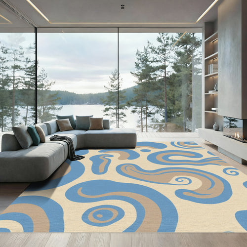 Abstract Blue Tan Swirl Composition Rug