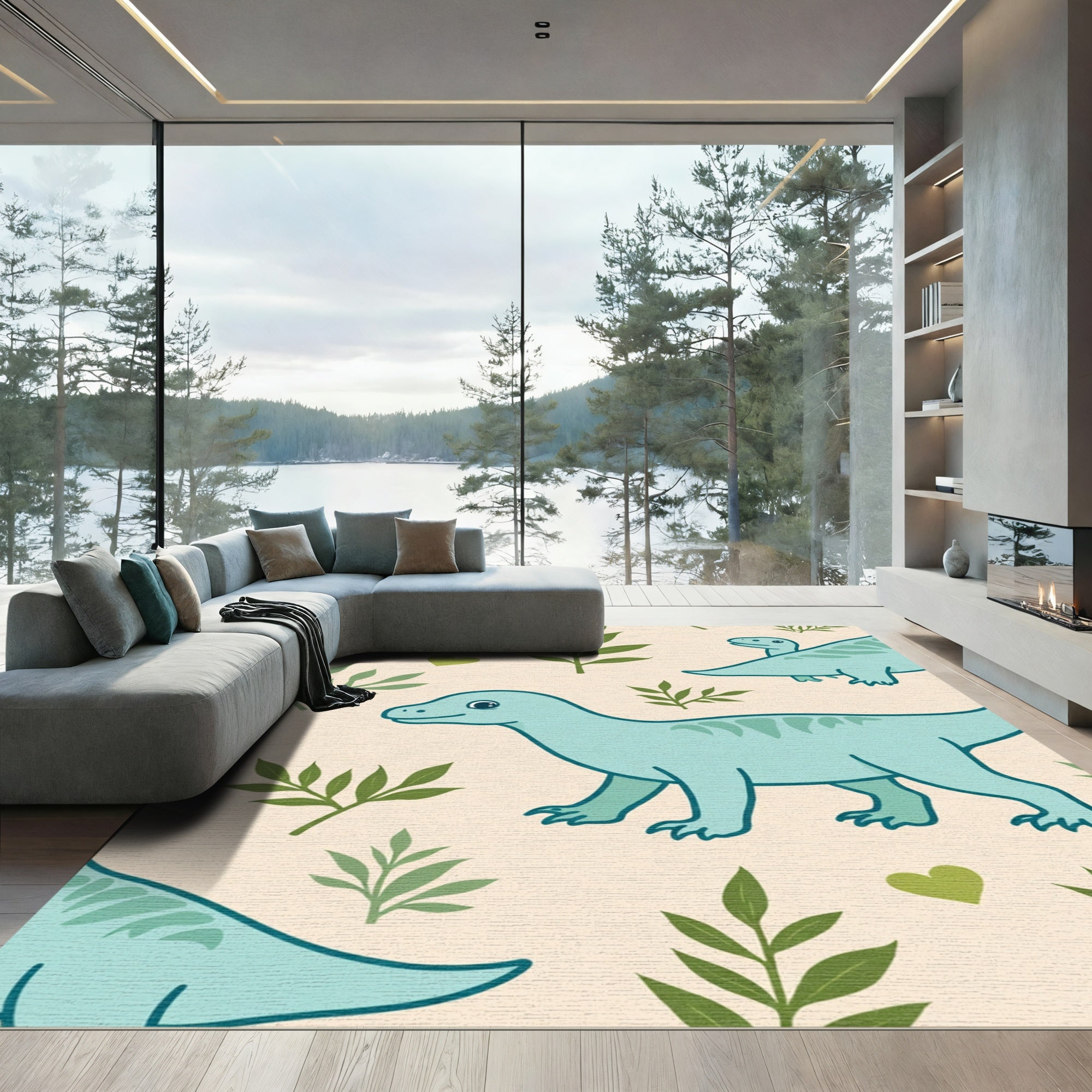 Aqua Dinosaurs Green Foliage Hearts Rug