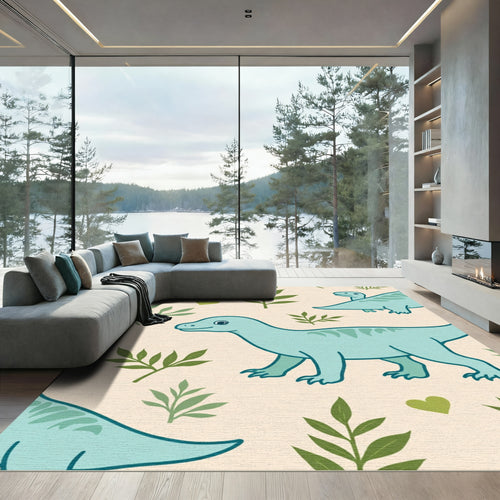 Aqua Dinosaurs Green Foliage Hearts Rug
