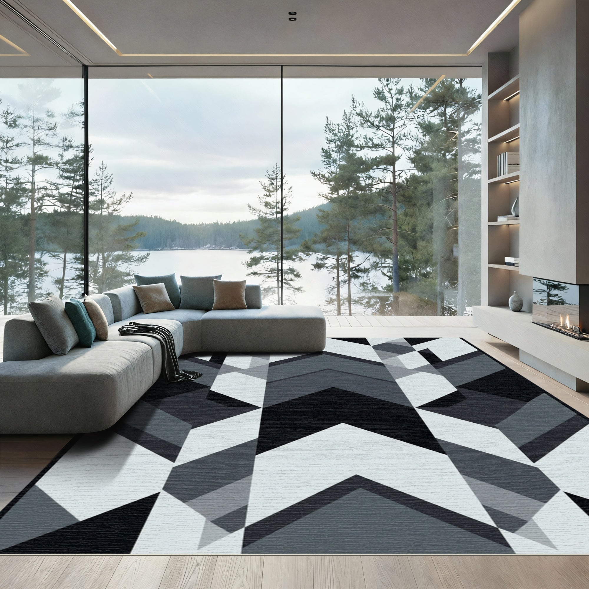 Monochromatic Geometric Chevron Composition Rug