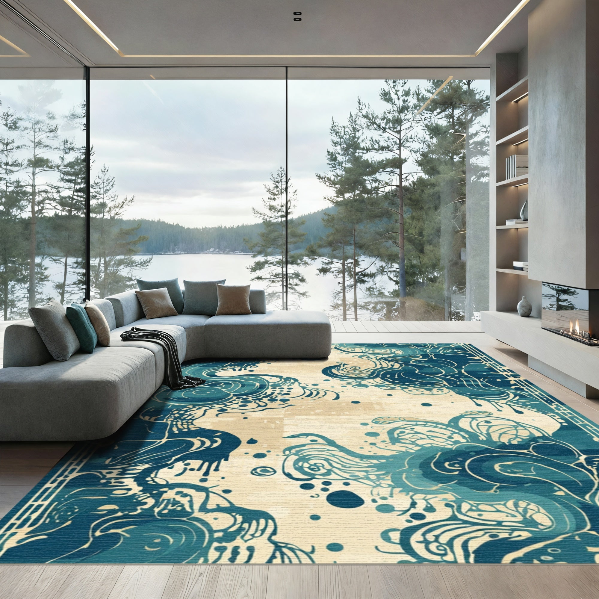 Deep Teal Abstract Organic Swirls Rug