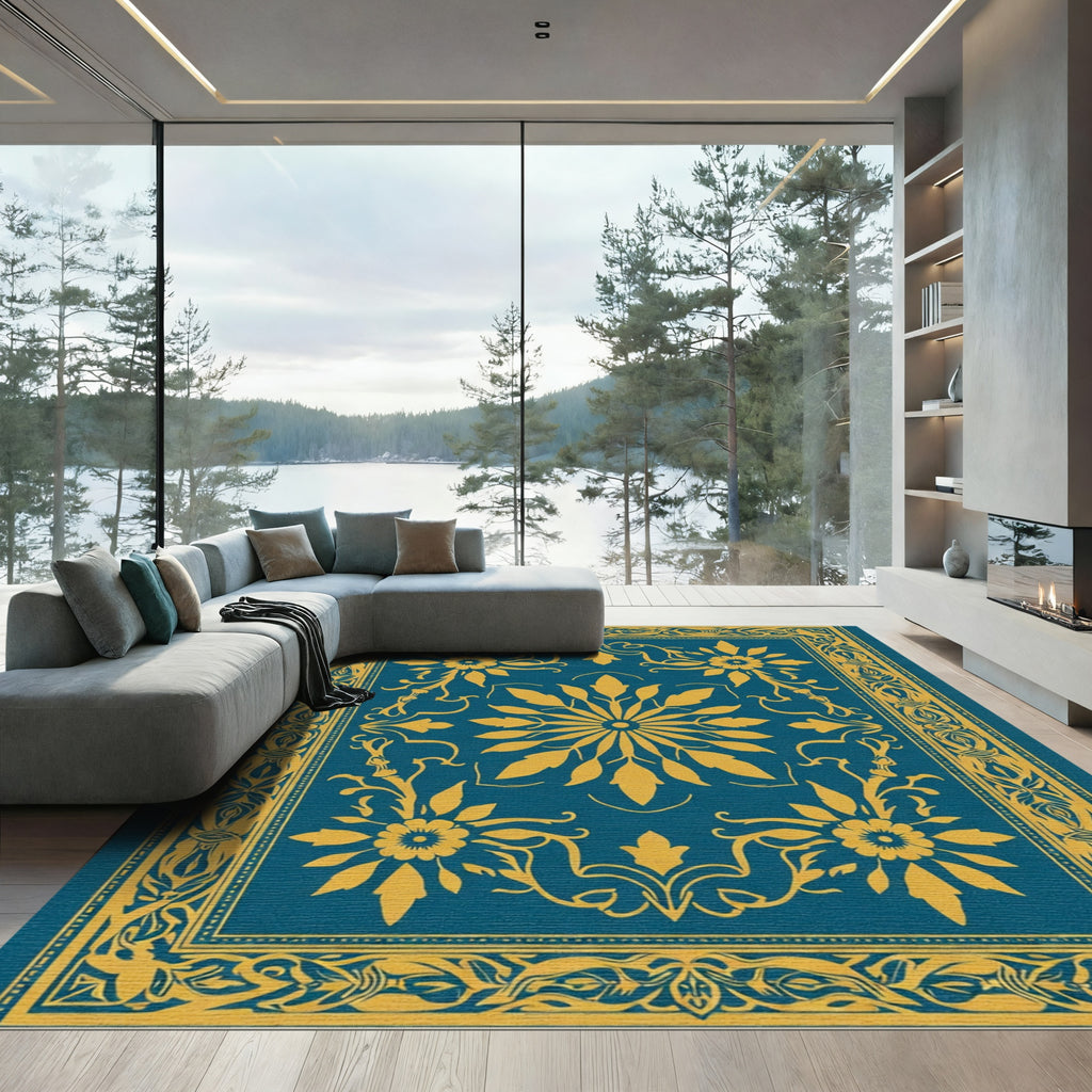 Teal Golden Floral Medallion Border Rug