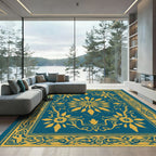 Teal Golden Floral Medallion Border Rug