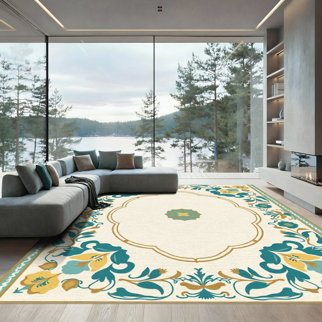 Golden Teal Floral Arch Border Rug