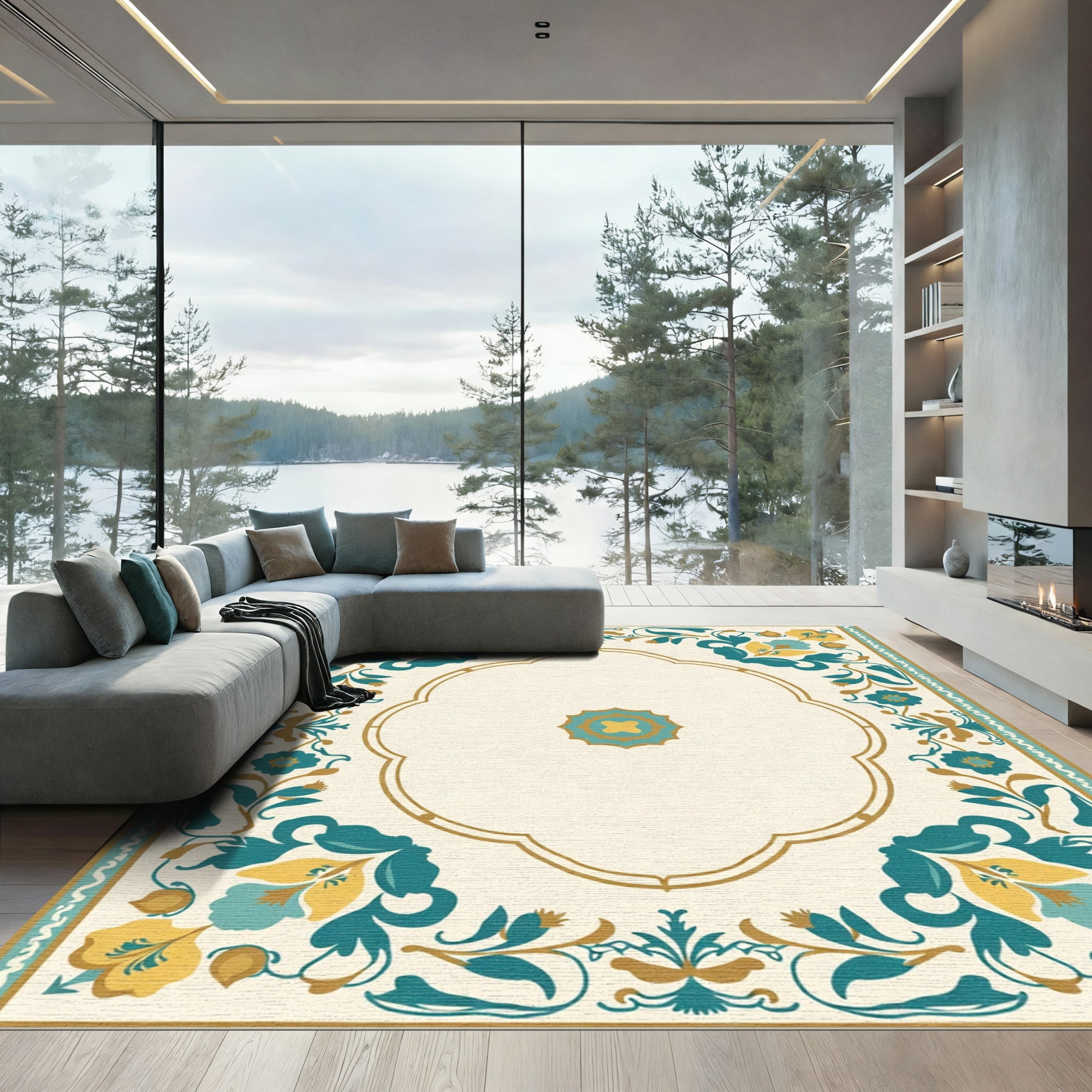 Golden Teal Floral Arch Border Rug
