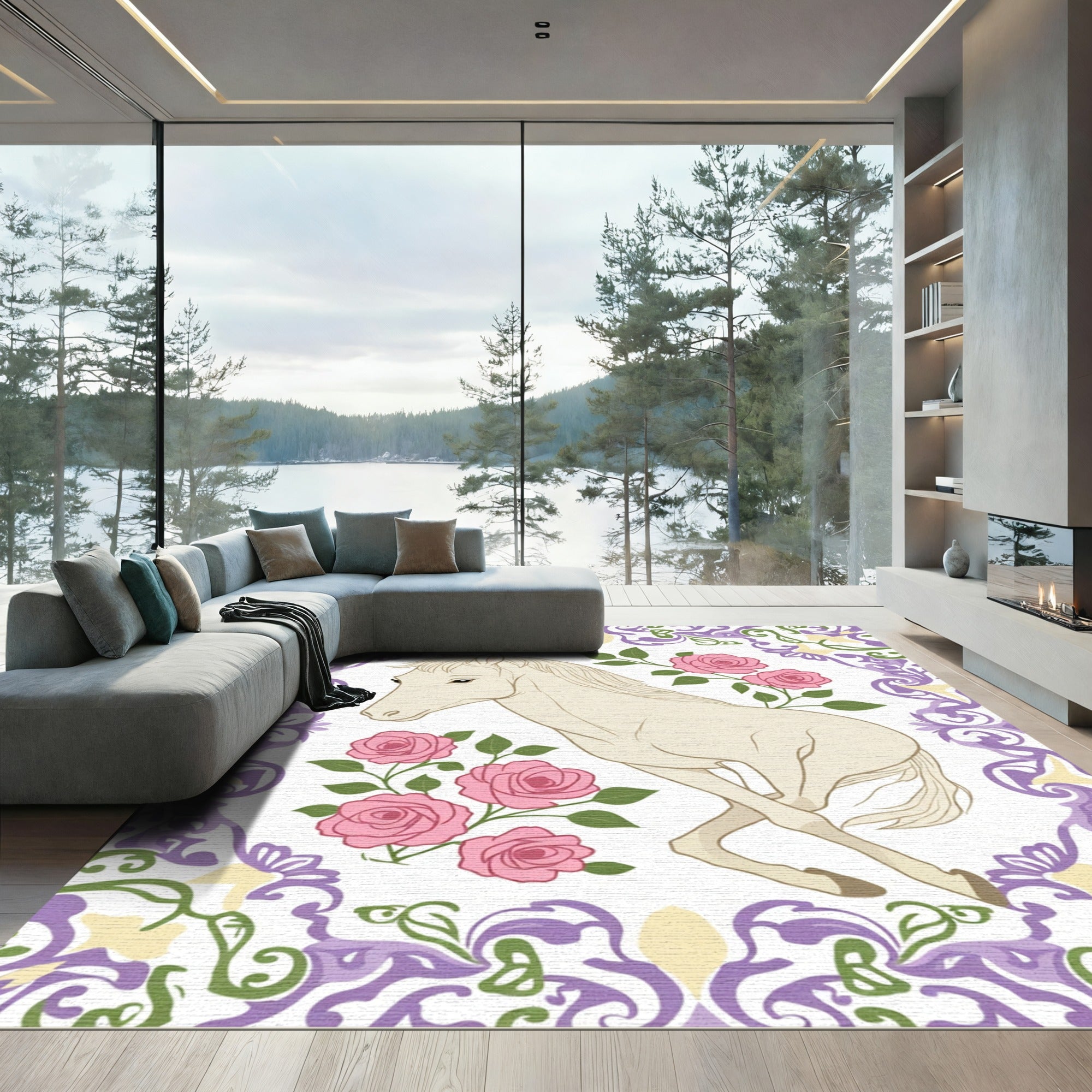 Cream Horse and Pink Roses Frame Rug