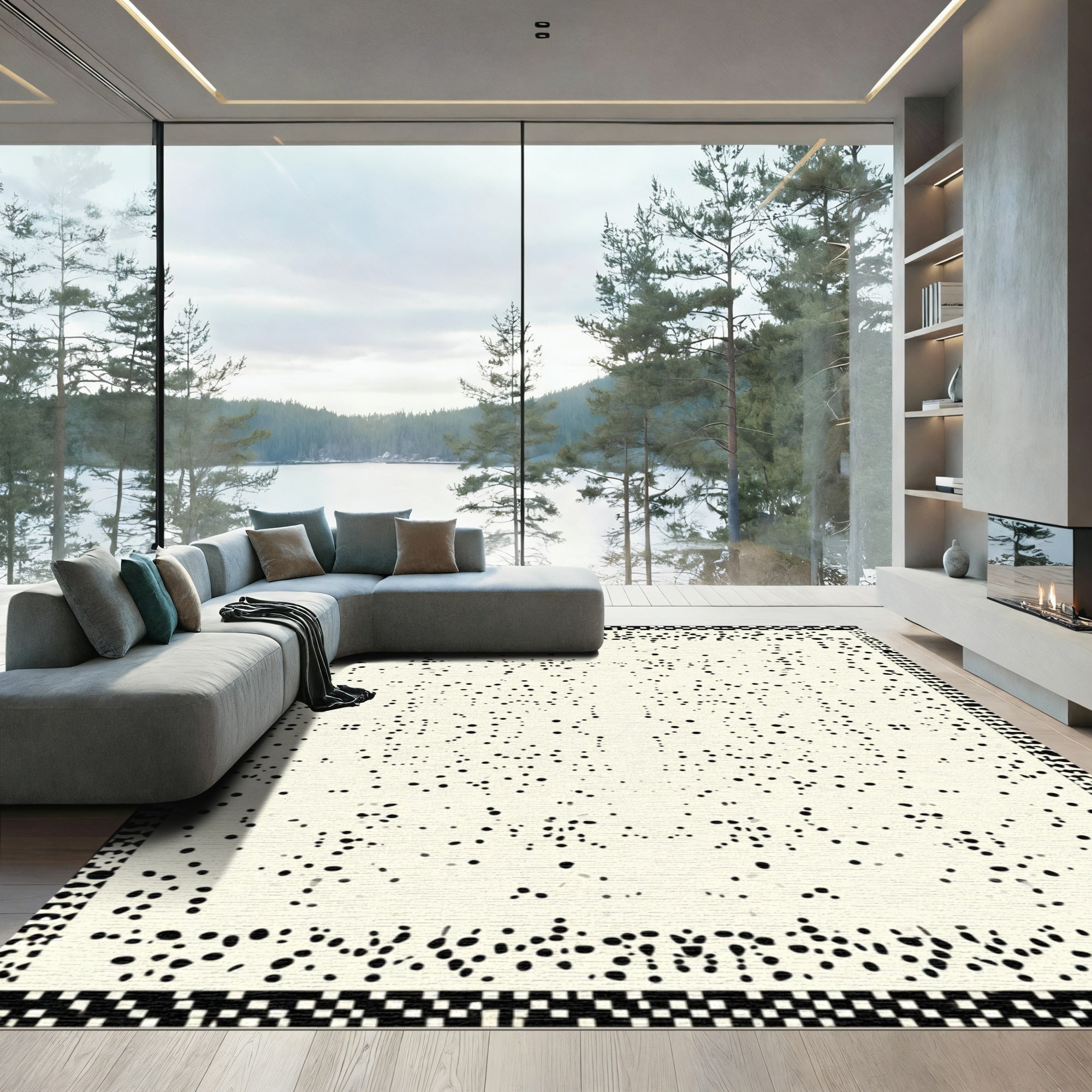 Abstract Black White Speckled Border Rug