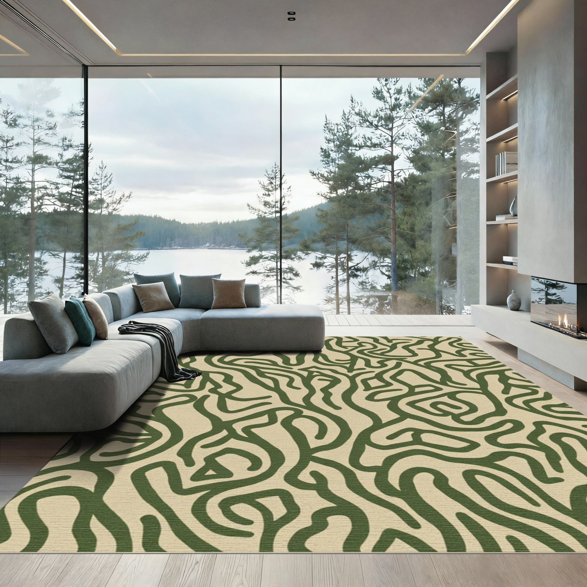 Olive Green Abstract Organic Flow Rug