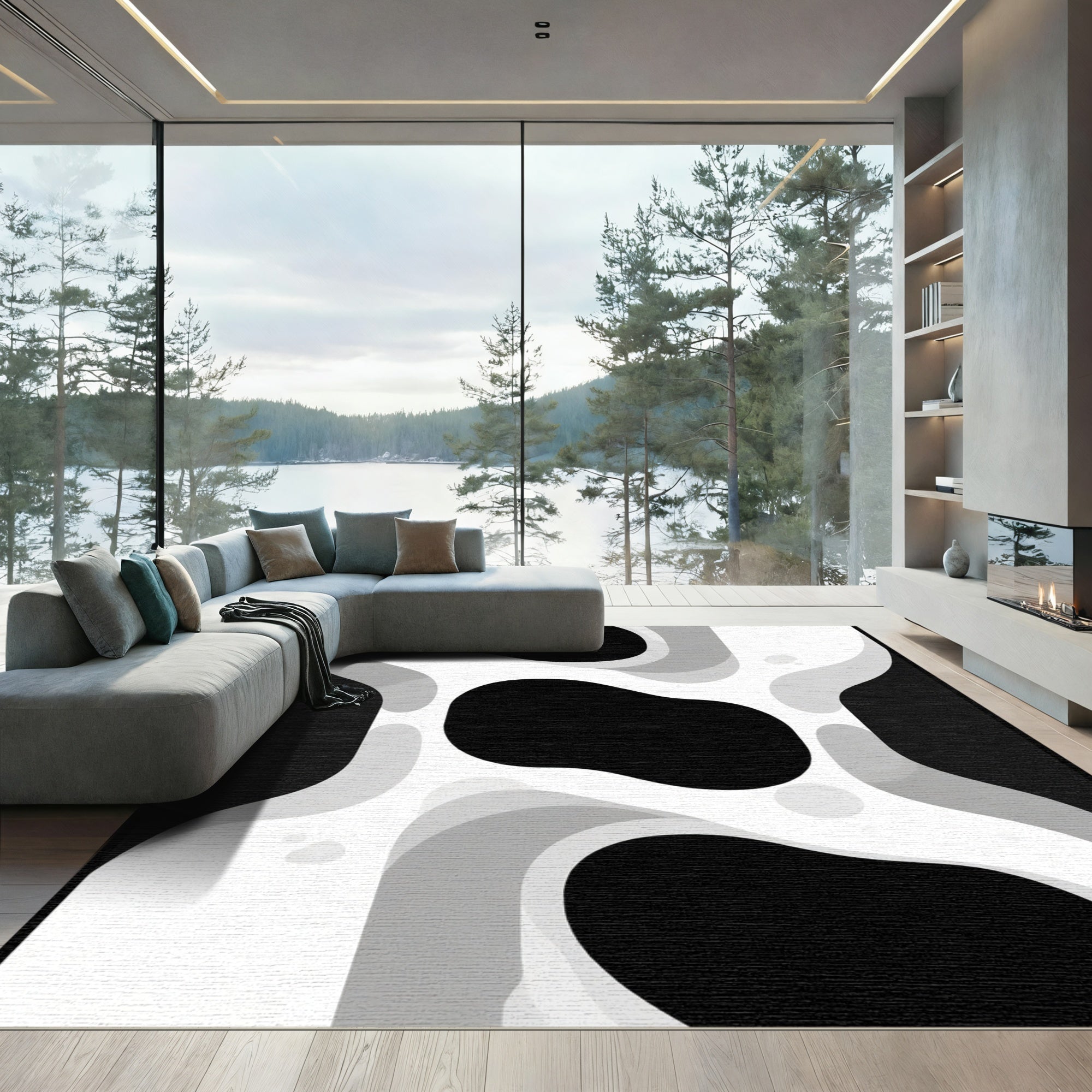 Monochrome Abstract Flowing Waves Rug