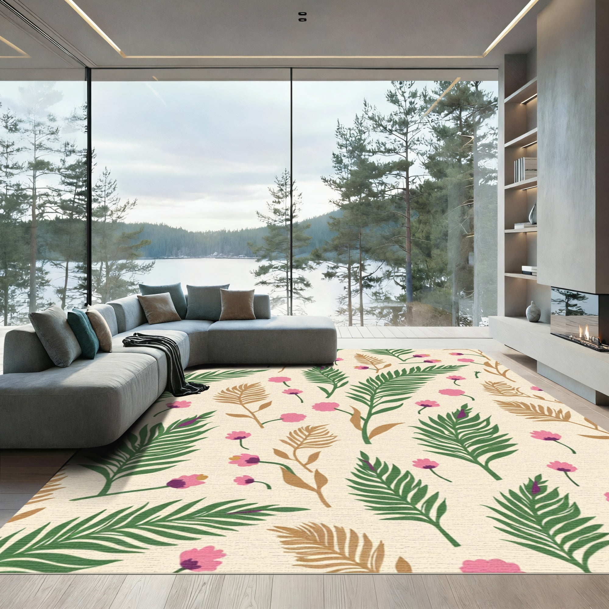 Pink Blooming Fern Leaf Pattern Rug