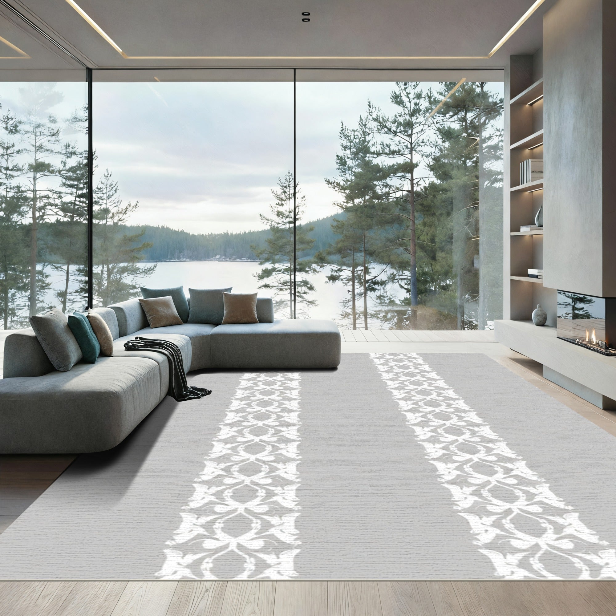 White Scrollwork on Gray Background Rug