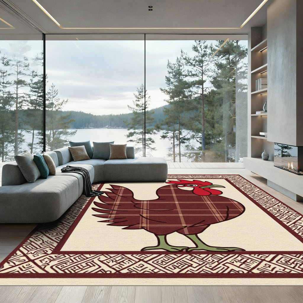 Farmhouse Burgundy Plaid Rooster Folk Art Rug