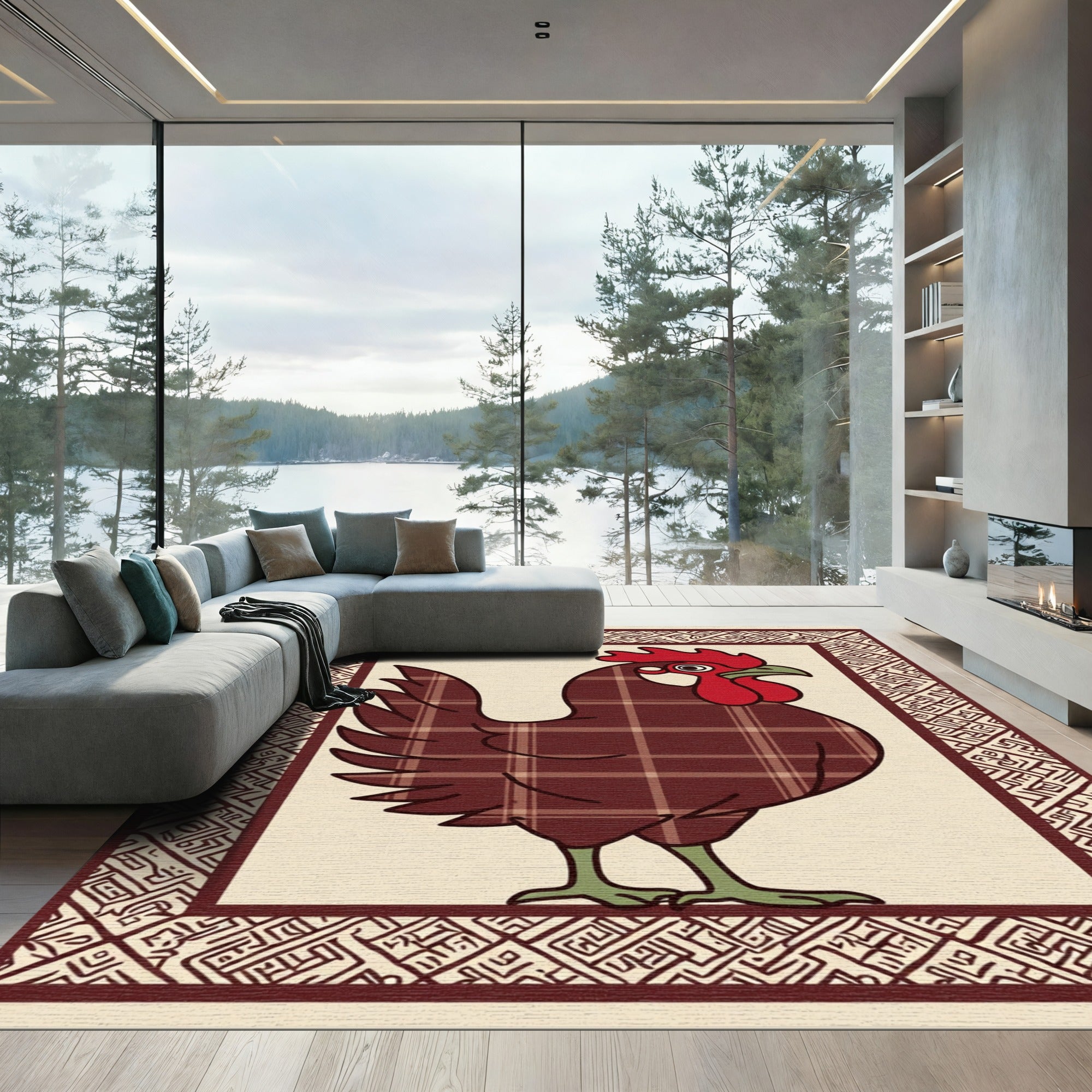 Farmhouse Burgundy Plaid Rooster Folk Art Rug