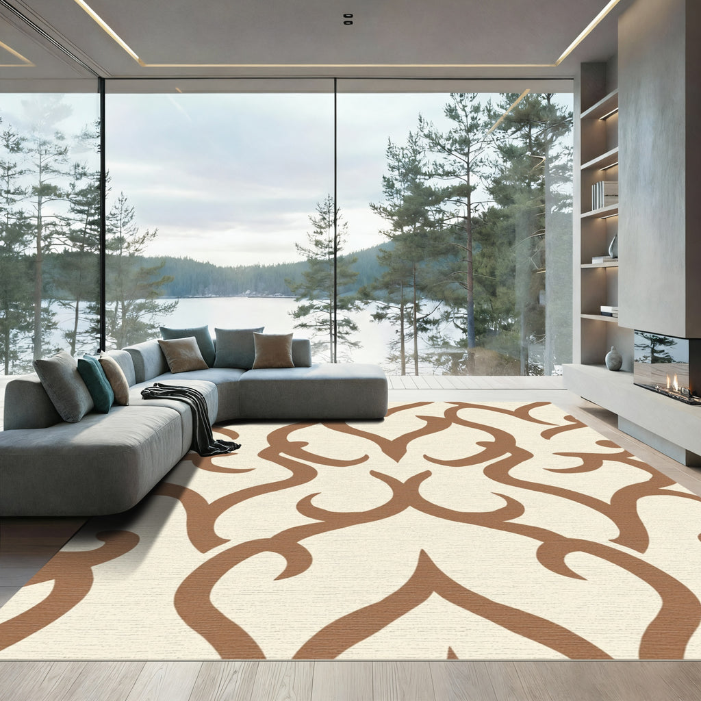 Cream Brown Baroque Scrollwork Rug