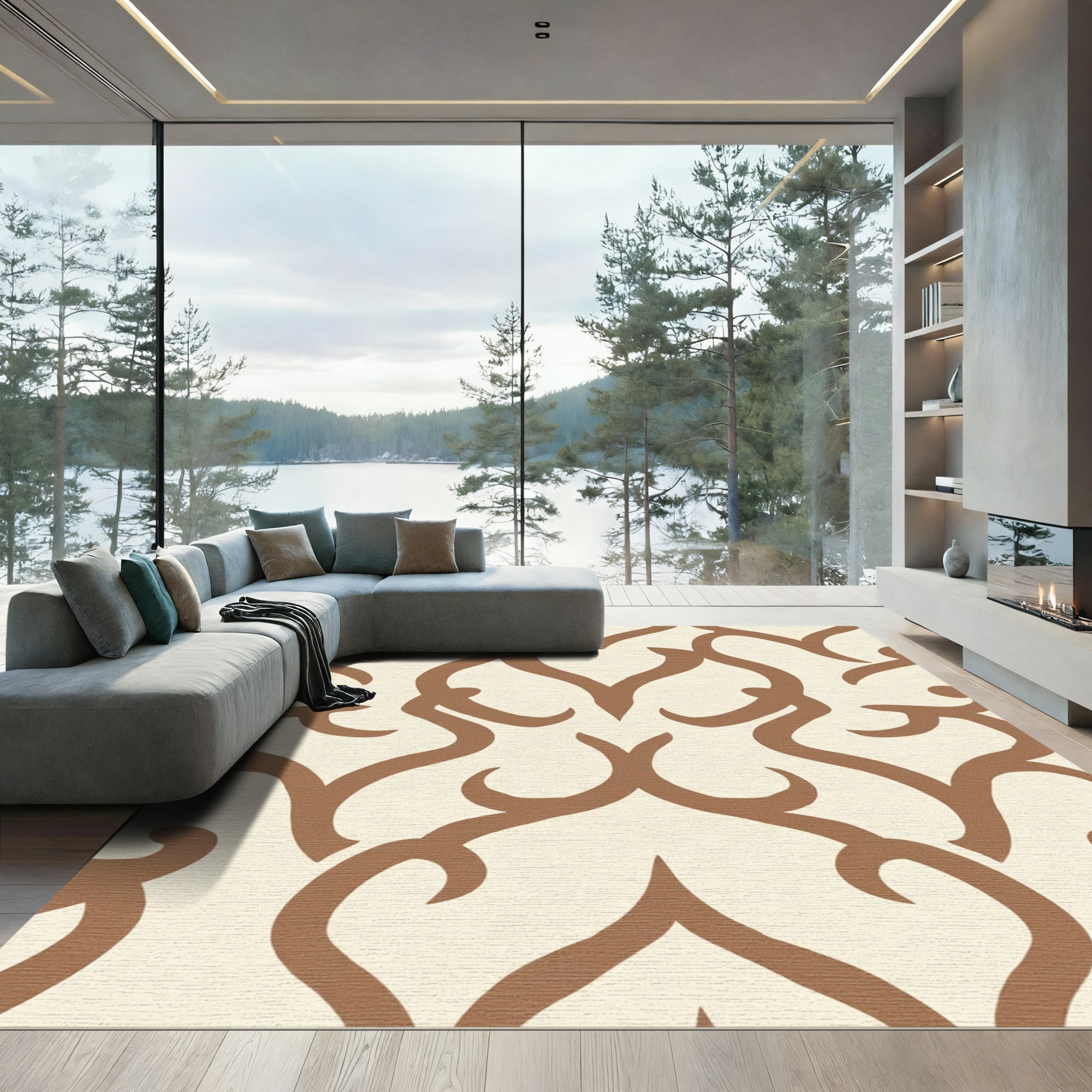 Cream Brown Baroque Scrollwork Rug