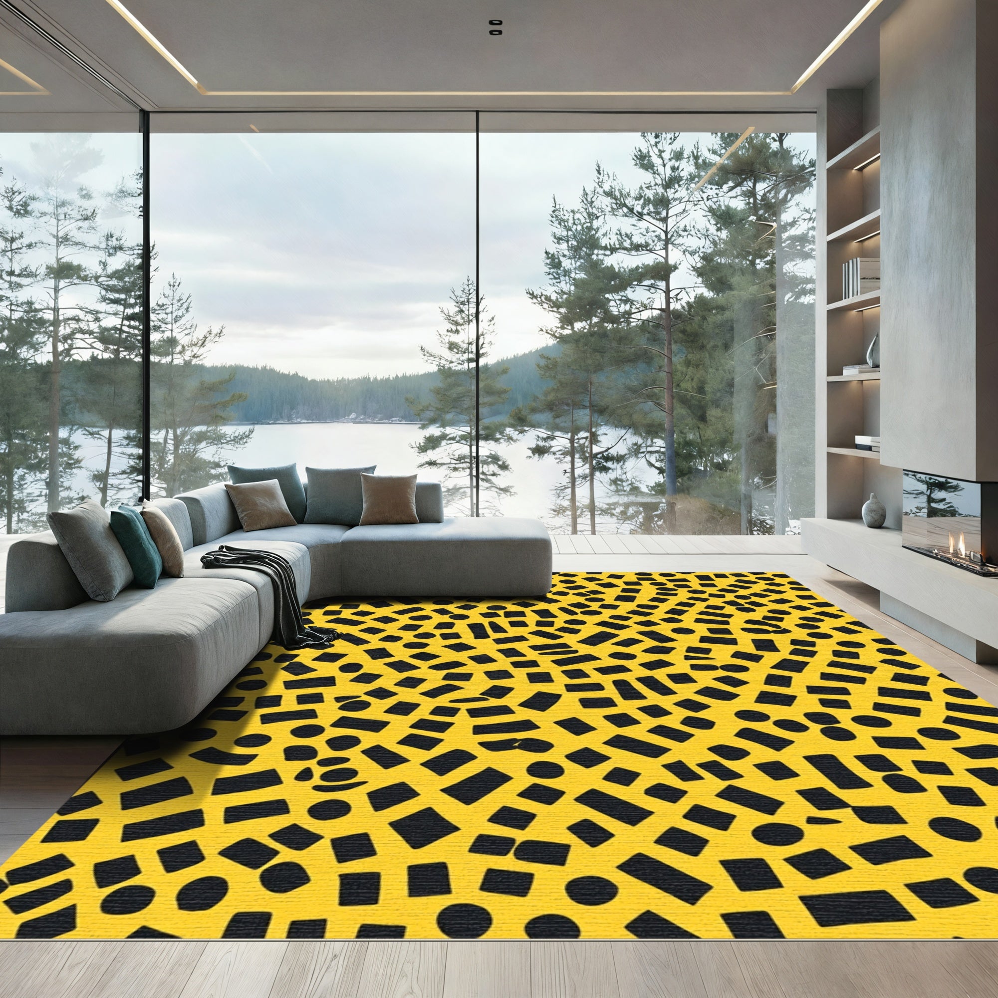 Yellow Black Scattered Shapes Rug
