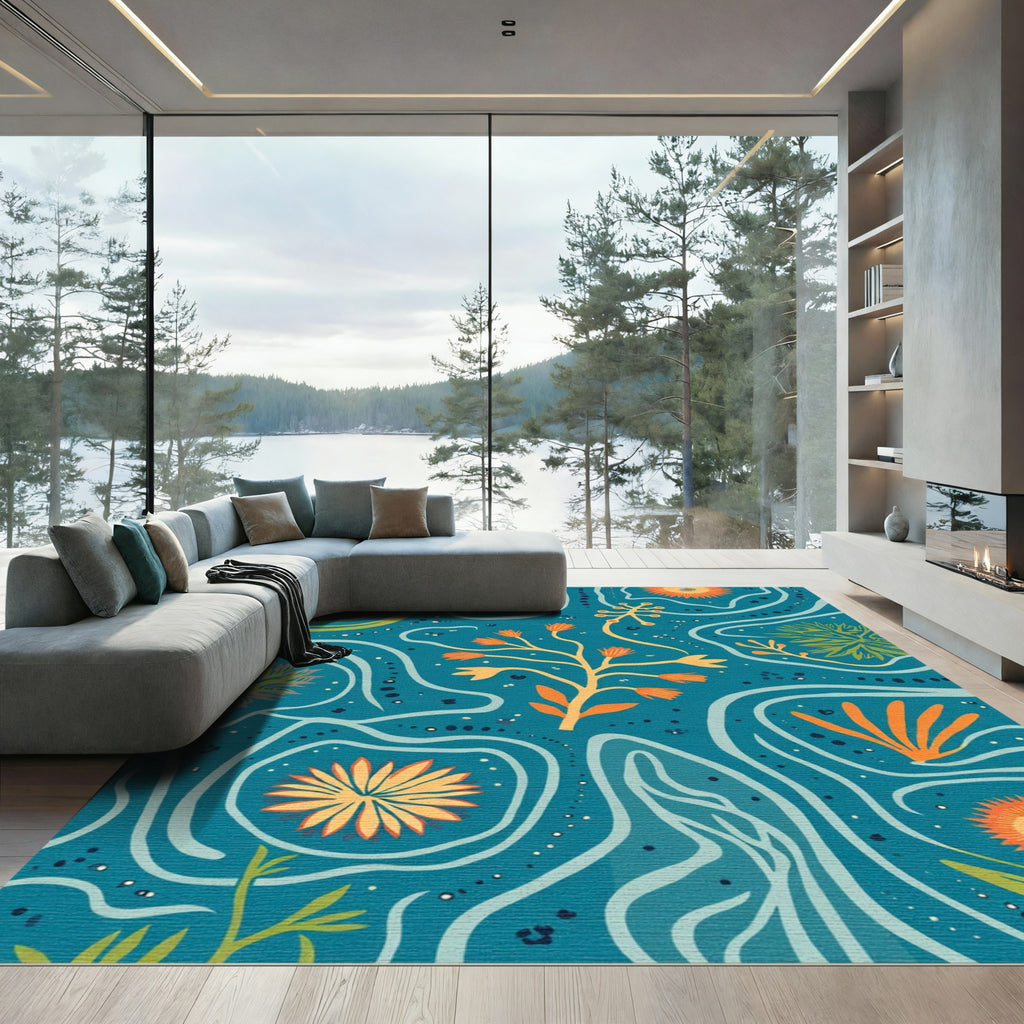 Aqua Orange Floral Abstract Wave Rug