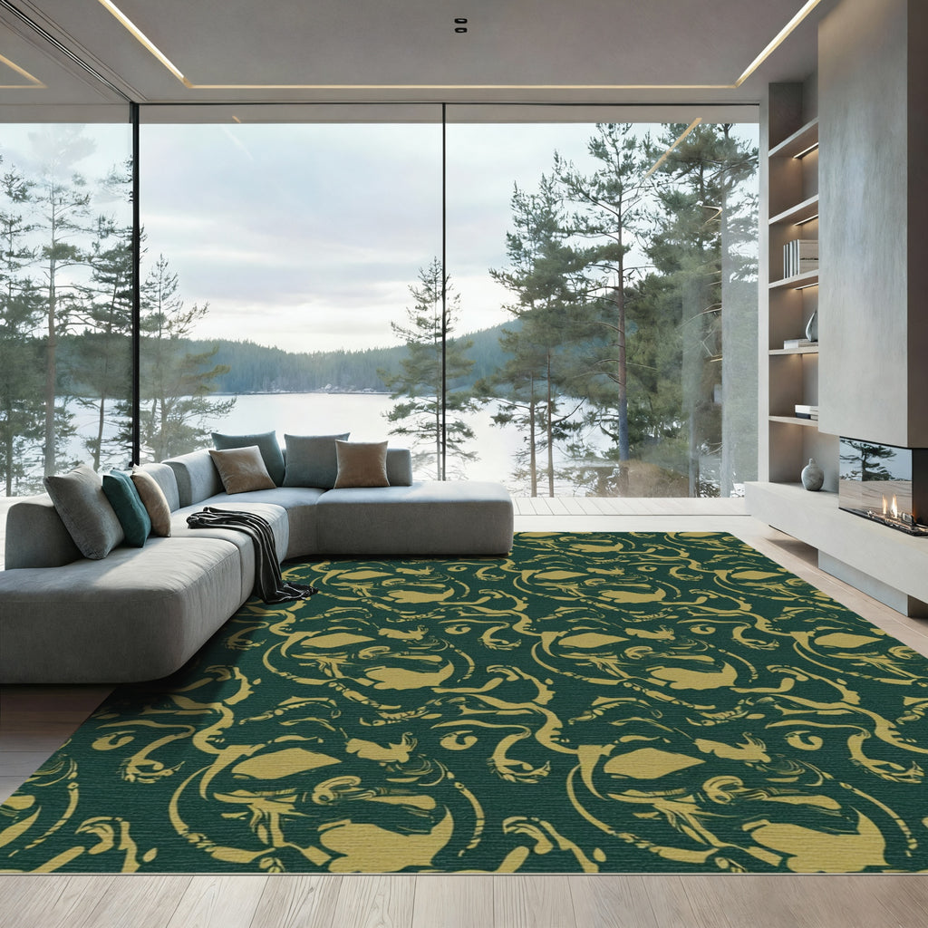 Emerald And Gold Abstract Swirl Rug