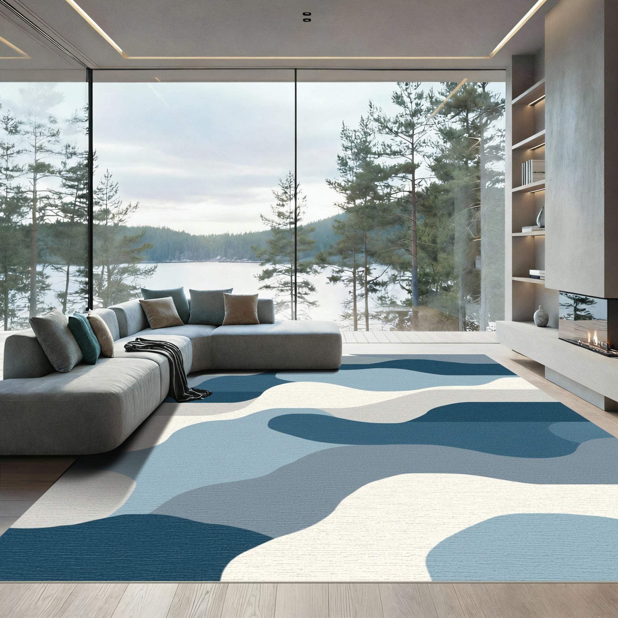 Cool Blue Abstract Wave Composition Rug