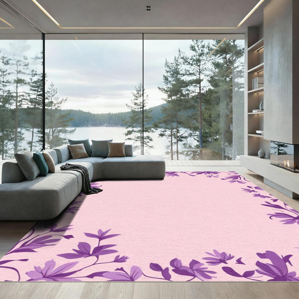 Purple Floral Vines Soft Pink Border Rug