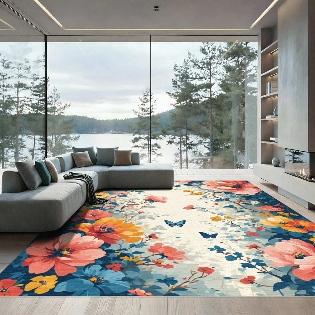 Vibrant Blush Coral Floral Butterfly Meadow Rug